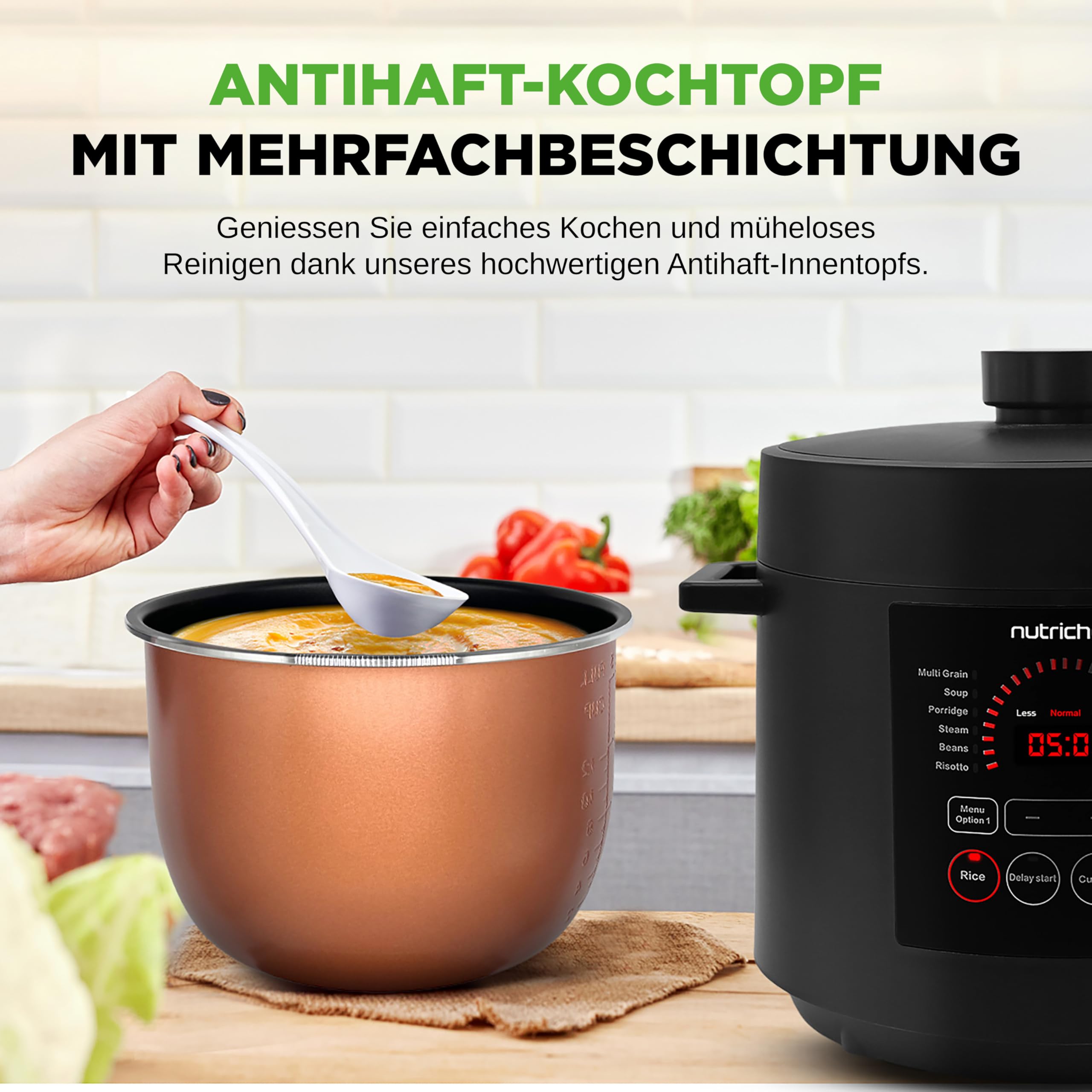 NutriChef Multikocher 5,7 L Elektrischer Schnellkochtopf, 9 Programme, Digitaler Druckkocher, Reiskocher & Dampfgarer, Schwarz