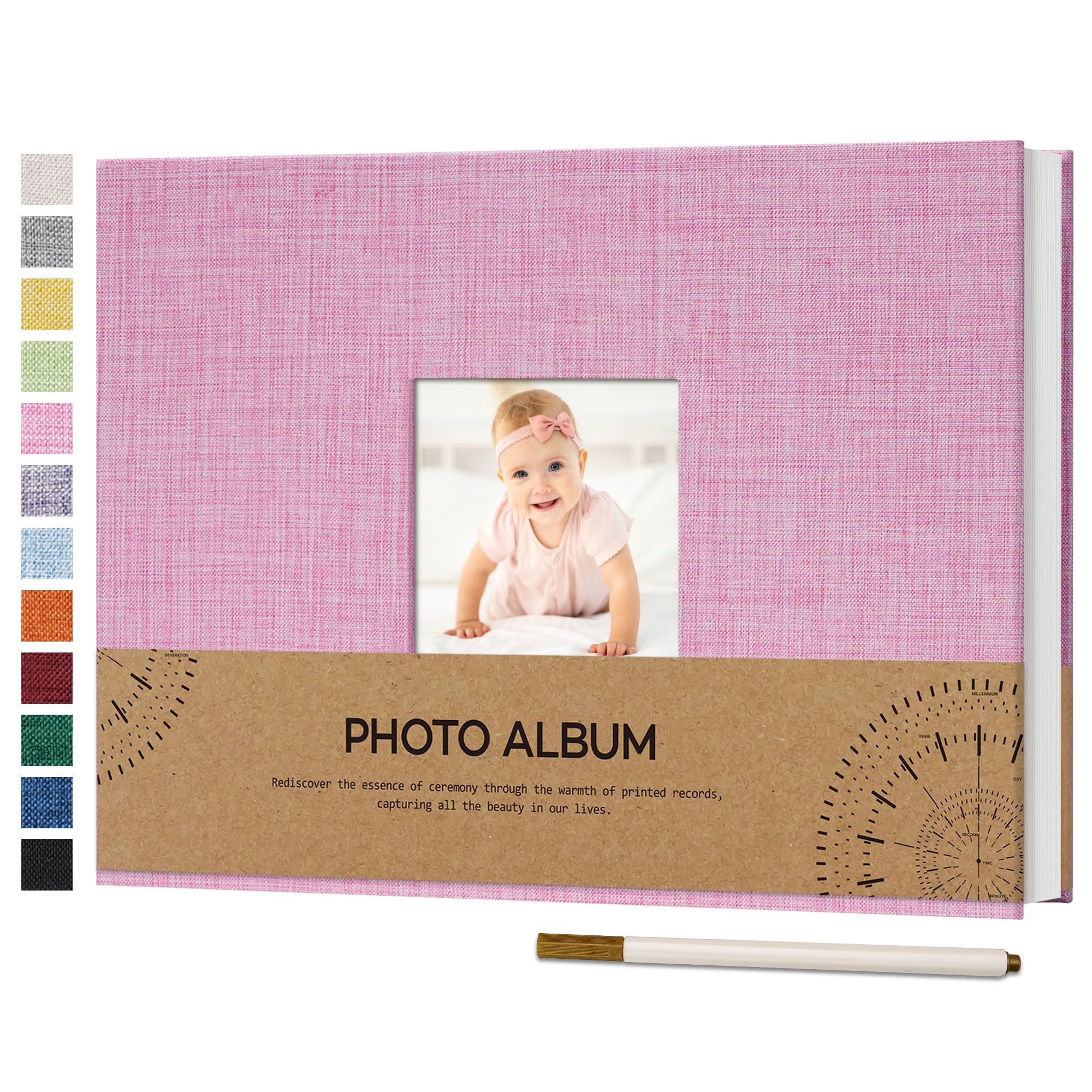 Vienrose Album Fotografico Autoadesivo con Finestra di Visualizzazione 10 x 15, Piccolo Album Scrapbook con Copertina in Lino 60 Pagine Bianche con Penna in Metallo, 21,5x30 cm Rosa
