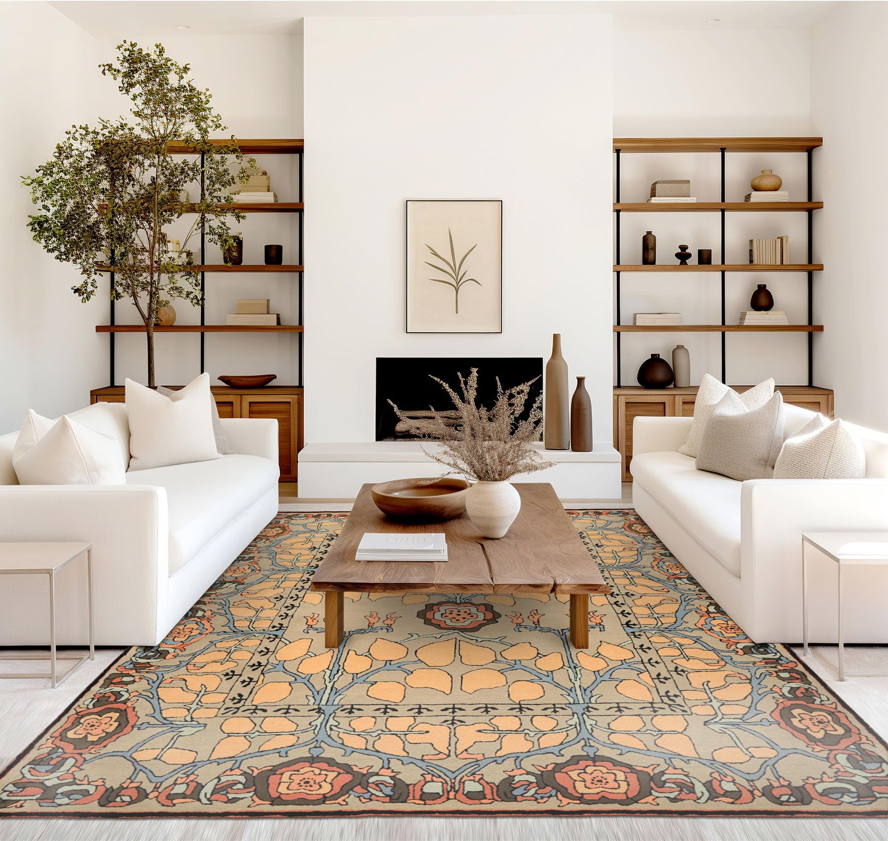 LoomBloom 9x12 Hand Tufted Beige Arts and Crafts Transitional Wool Botanical Stained Glass Plush Pile Oriental Area Rug