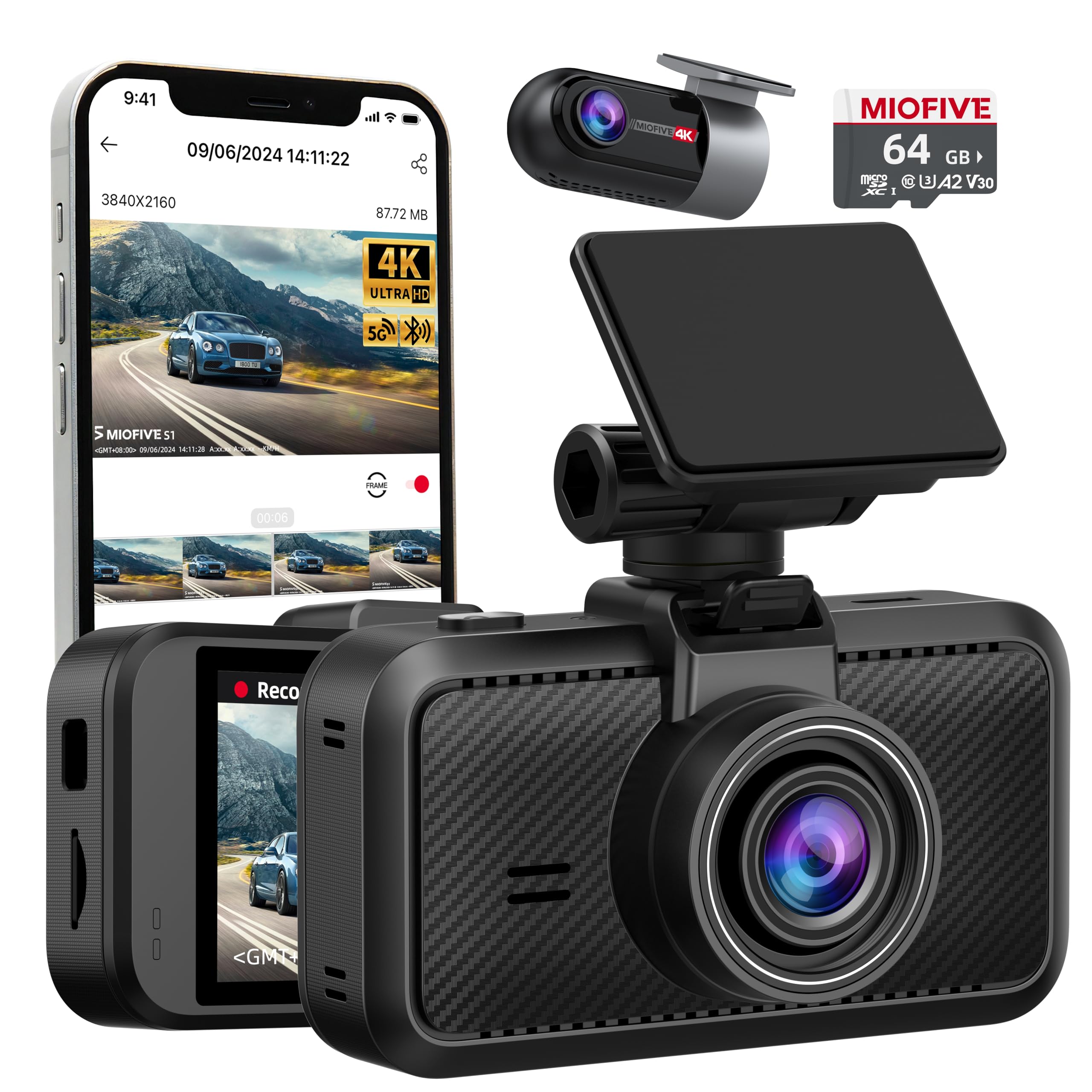 Dash Cam Front Rear, Miofive 4K + 4K Full HD Dash Camera for Cars, 64GB SD Card Included, Built-in Wi-Fi Bluetooth GPS, 3.0” IPS Screen with App Control, G-Sensor, HDR, Night Vision, 24H Parking Mode