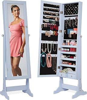Best Choice Products Freestanding Jewelry Armoire Cabinet, Full Length Standing Mirror, Lockable Makeup Storage Organizer, w/Velvet Lining, 3 Angles, Lock, Accessory Pouch, 5 Shelves - Powder Blue