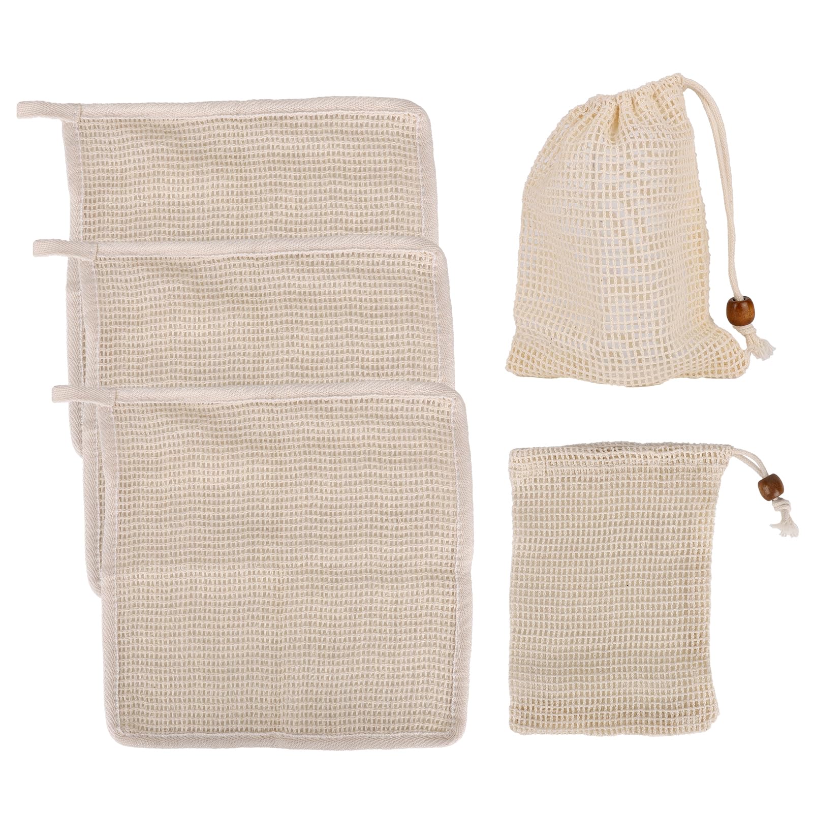 Gosknor 3pcs Cotton Linen Body Exfoliating Washcloths & 2pcs Soap Bag