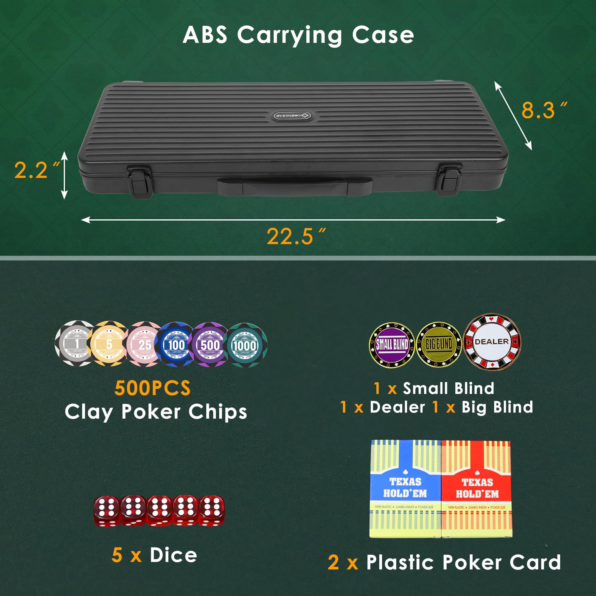 ORIENGEAR Zestaw pokerowy 500 szt. z numerowanymi żetonami glinianymi o gramaturze 14 gramów, zestawy żetonów Texas Hold'em Casino z 2 taliami plastikowych kart do gry, do gier hazardowych w