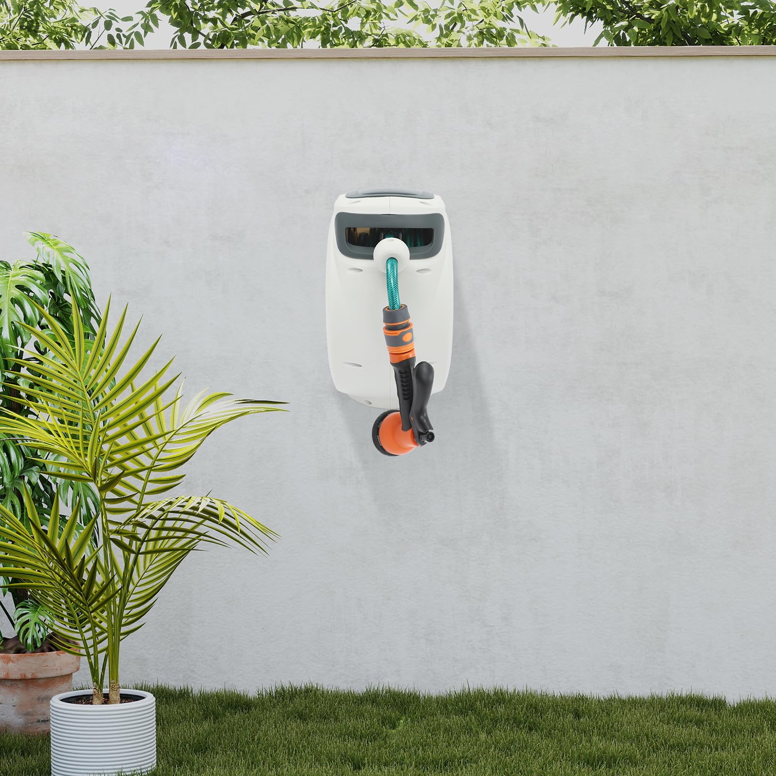 Schlauchtrommel Wasser mit 20m Ausziehbarem Schlauch, Automatischer Einziehbarer Wasserschlauch, Aufroll-Automatik Schlauchbox Gartenschlauchaufroller für Bewässerung