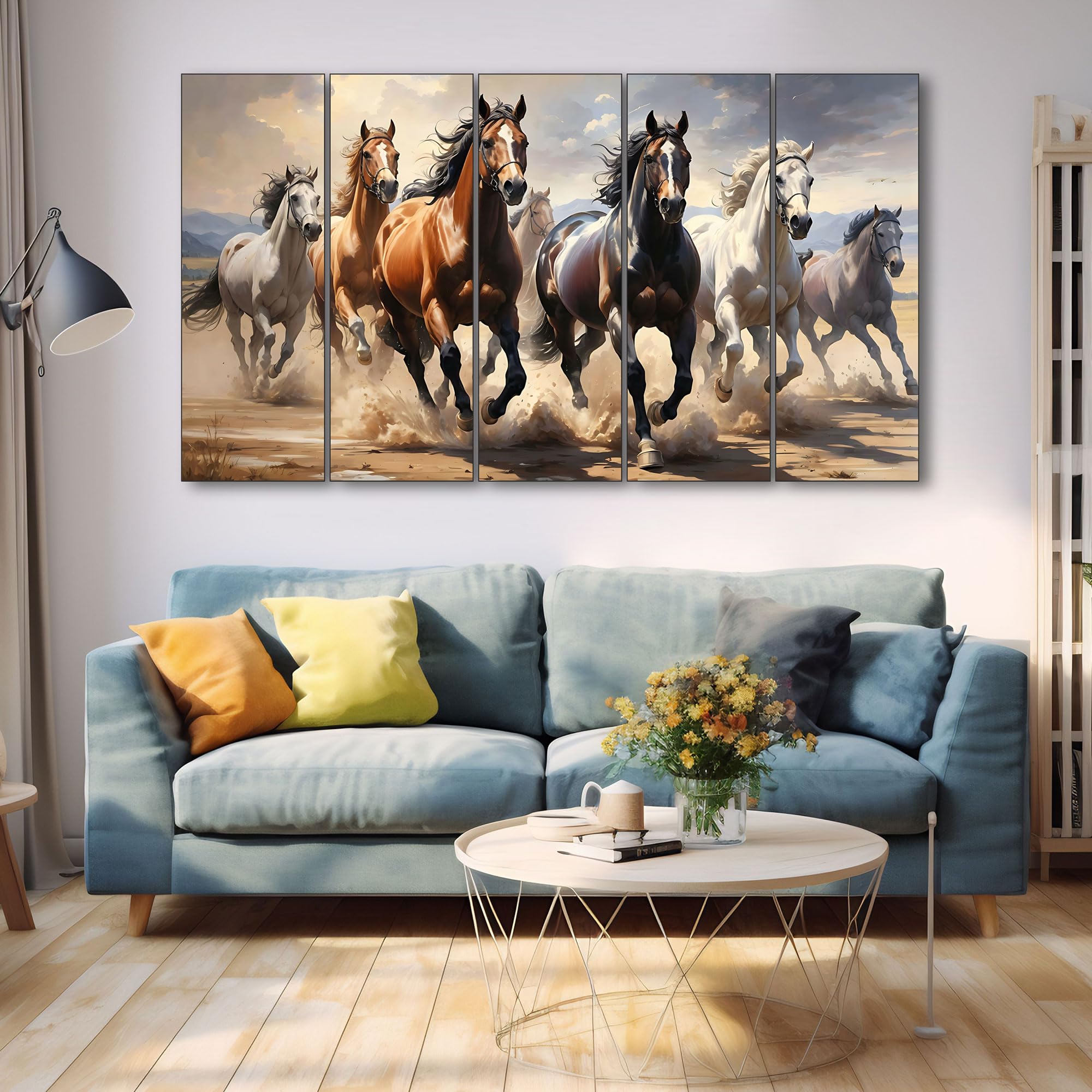 7 running horses painting with frame 5 Big Size (27x48) Wall Art for living room,Bedroom,Drawing room,Hotels-Wooden Framed-Digital Painting