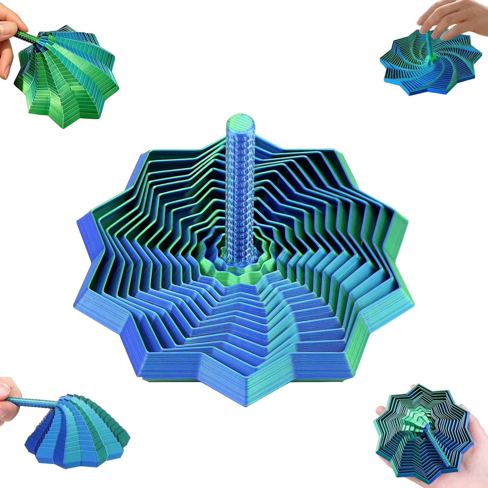 3D Printed Fidget Toy with Handle – Spiral Honeycomb Hexagon Toy – Office Desk Toy for Anxiety Management – Colorful 8.6cm Sensory Fidget Toys for Adults (Blue-Green)