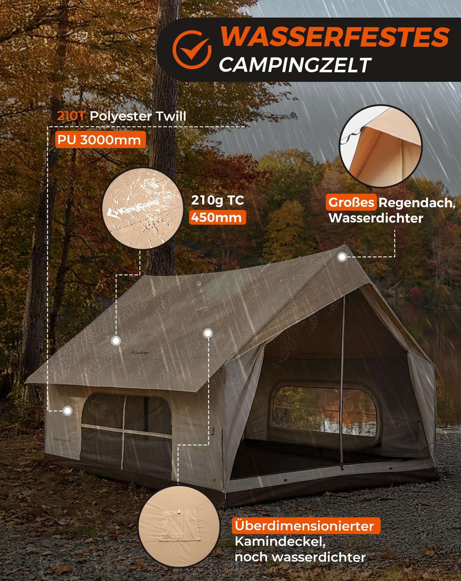 KingCamp 4-5 Personen Zelt,8㎡ Hauszelt mit Kaminöffnung & AC-Anschluss, 210g TC Wasserdicht Zelt, 2 Türen 4 Fenster, mit Feuerfestem Gewebe 4-Jahreszeiten Zelt für Familien Camping, Glamping,Festivals