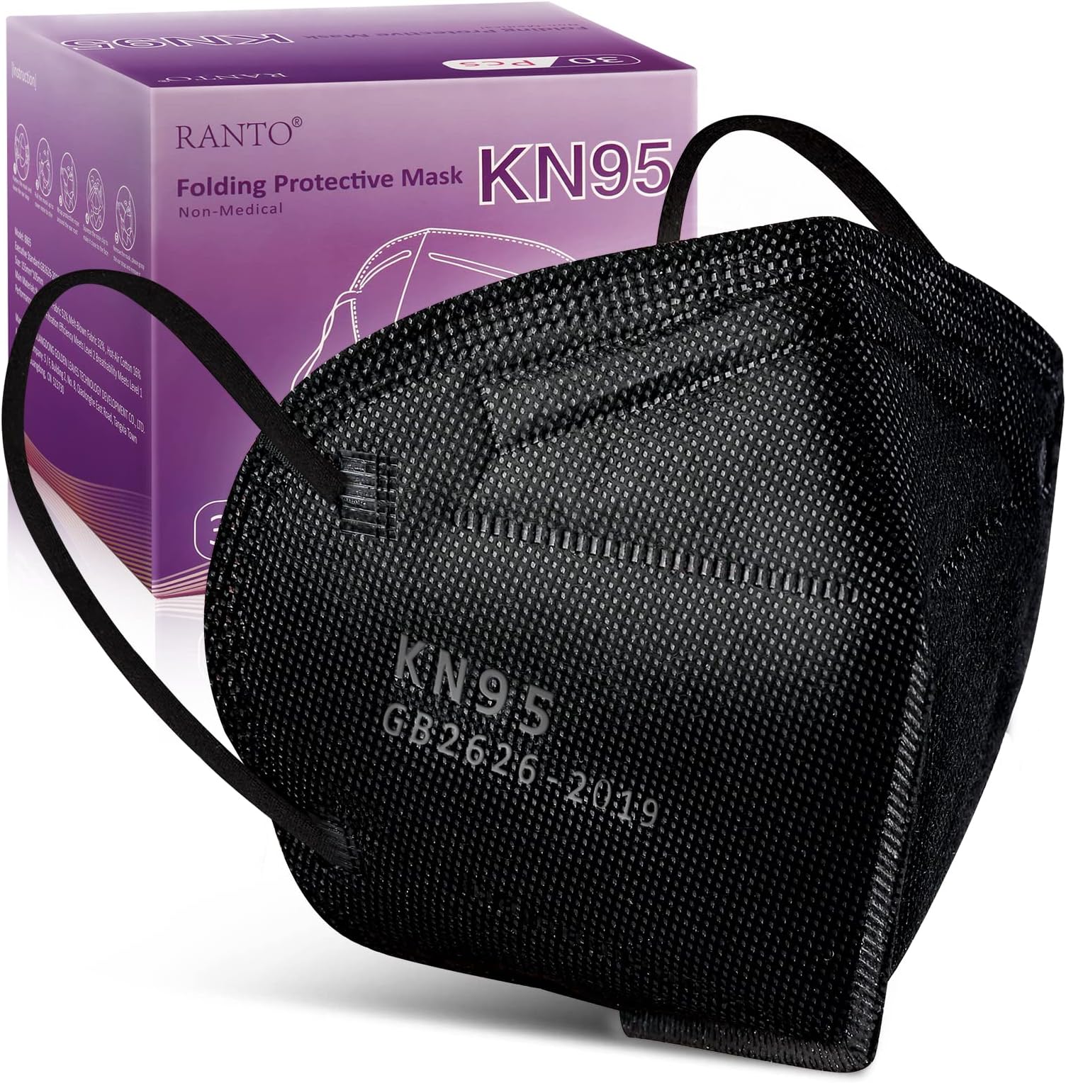 RANTO Black KN95 Face Mask 30Pcs, 5 Layer Cup Dust Safety Masks, Breathable Protection Safety Mask with Elastic Ear Loop Against PM2.5, Fire Smoke for Adult Men Women, Indoor Outdoor