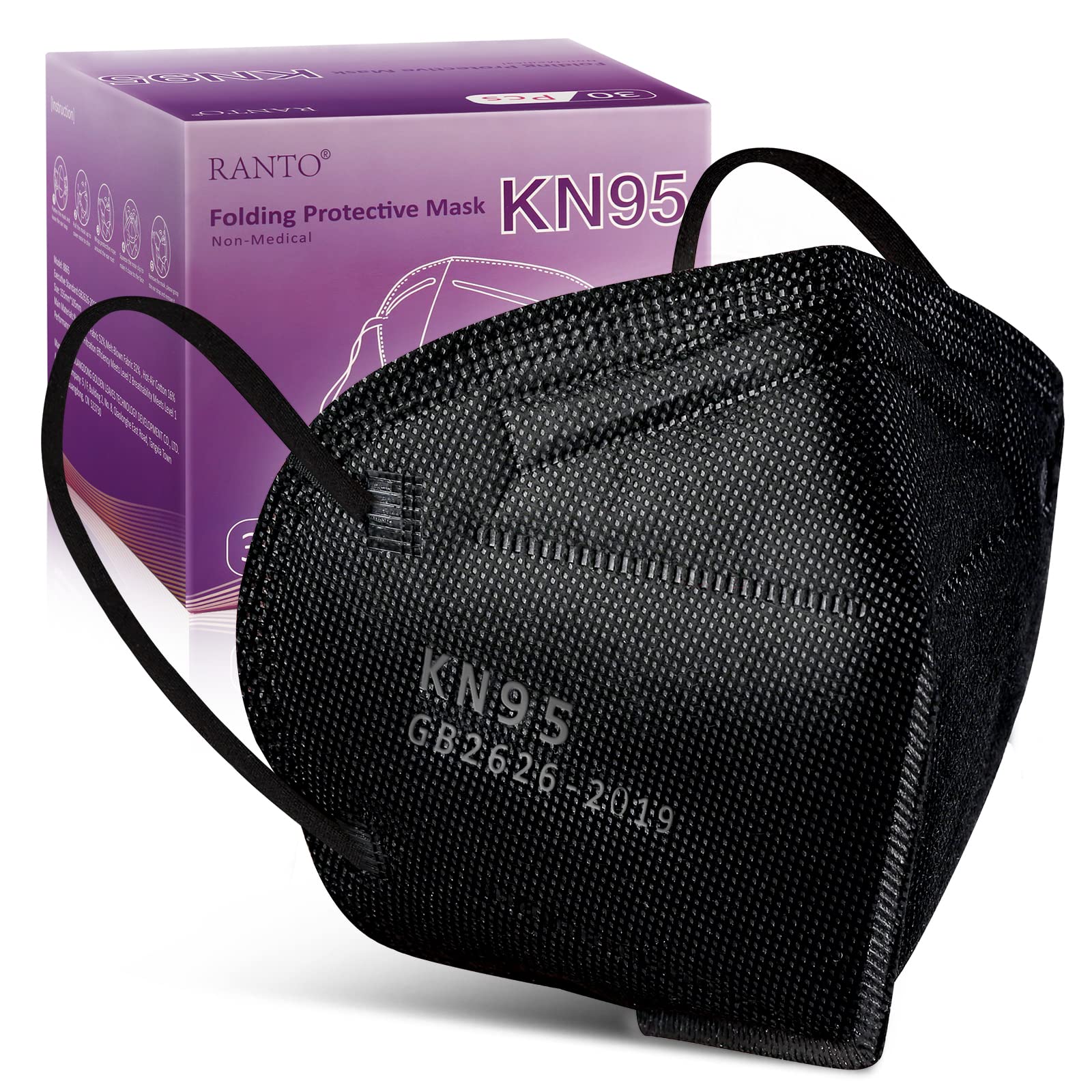 RANTO Black KN95 Face Mask 30Pcs, 5 Layer Cup Dust Safety Masks, Breathable Protection Safety Mask with Elastic Ear Loop Against PM2.5, Fire Smoke for Adult Men Women, Indoor Outdoor