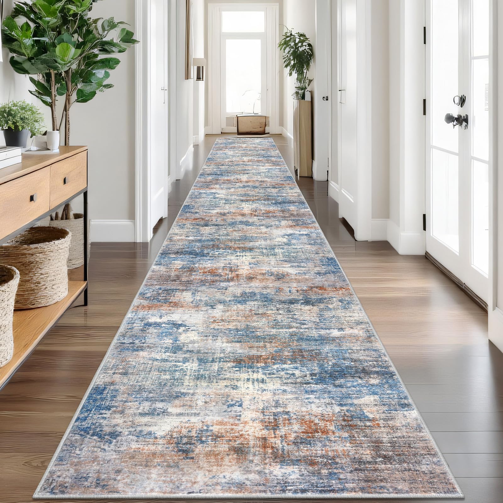 IOHOUZE Abstract Runner Rug 3x20 Ft Extra Long Washable Runners for Hallways, Non Slip Kitchen Runner Printed Faux Wool Entryway Runner Indoor, Modern