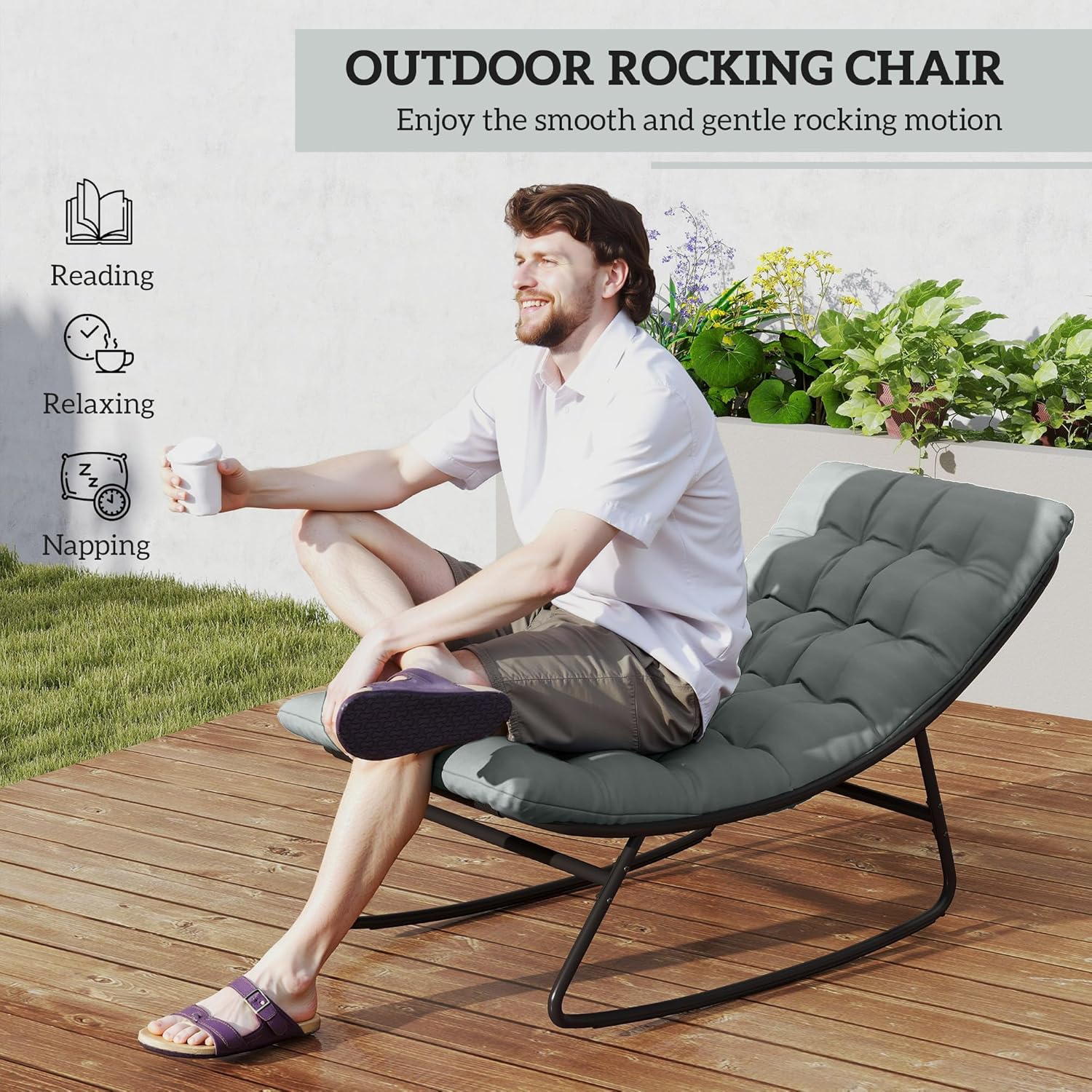 Outsunny Outdoor Rocking Chairs Set of 2, Patio Rocking Chairs with Thick Cushions, Mesh Deep Seat, Steel Frame Indoor Outdoor Rocking Lawn Chair Set for Porch, Garden, Dark Gray