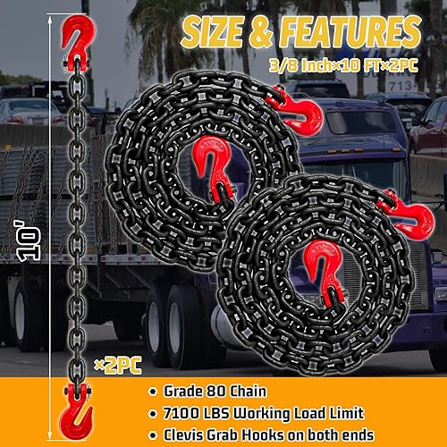 Miniatura 57 de Cadena de transporte de 3/8 pulgadas, cadena de remolque G80 con ganchos de seguridad y agarre G70 Carga de trabajo de 7100 libras Cadena