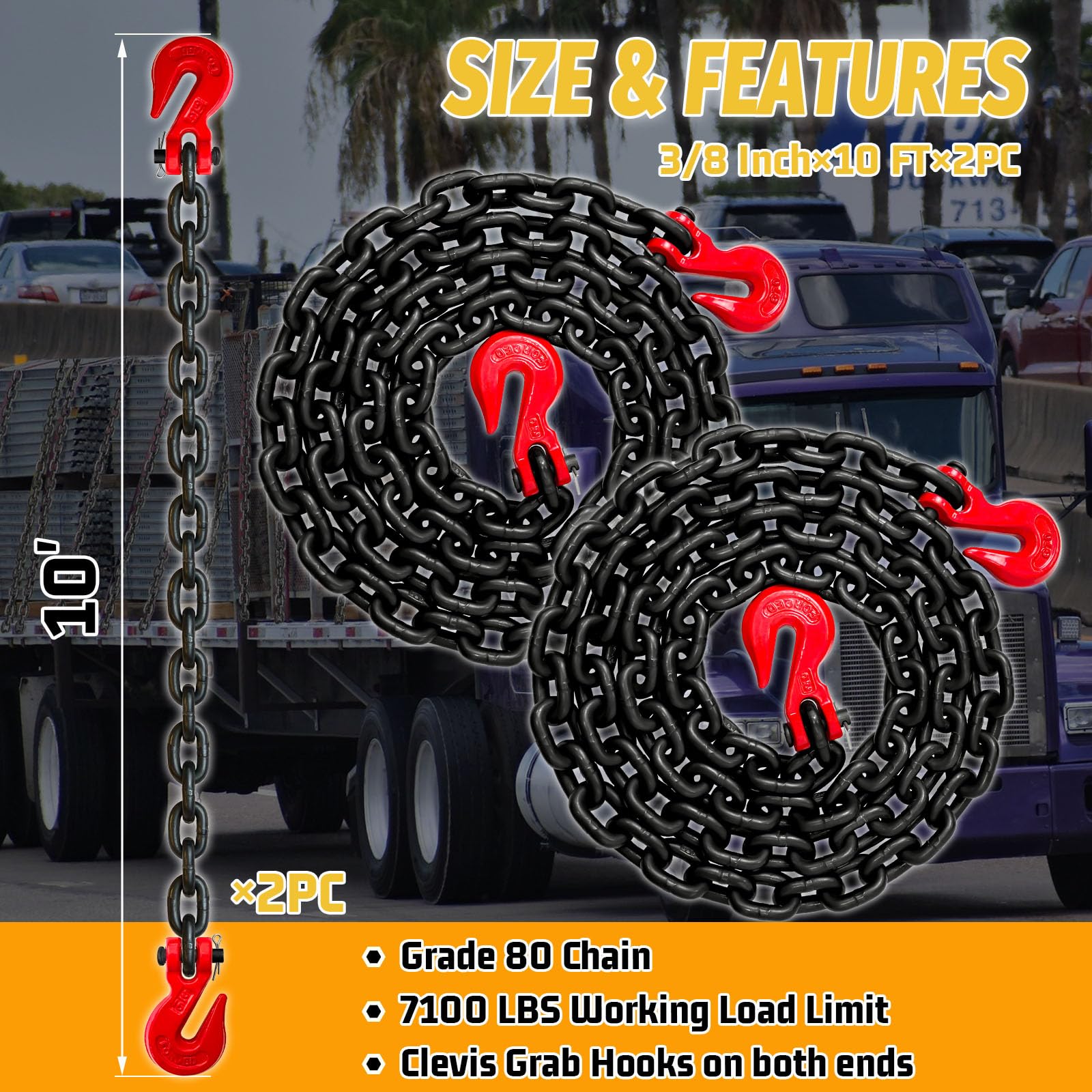 Heavy Duty Transport Chain - 10ft, 7100 Lbs Load Limit -2 Heavy Duty Transport Chain - 10ft, 7100 Lbs Load Limit -2