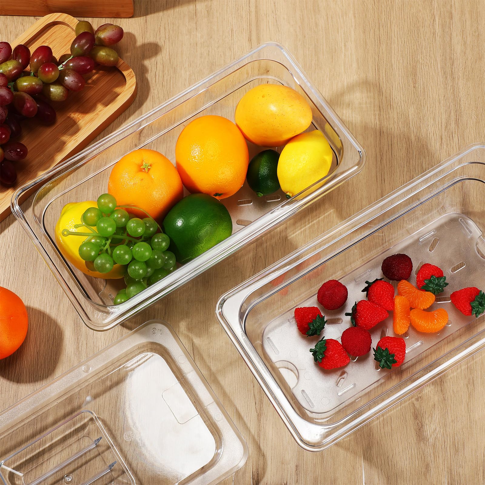 Sunnyray Juego de 6 sartenes de policarbonato de tamaño 1/3 con tapas y estante de drenaje, recipientes cuadrados transparentes para almacenamiento de alimentos para cocina, restaurante, frutas,