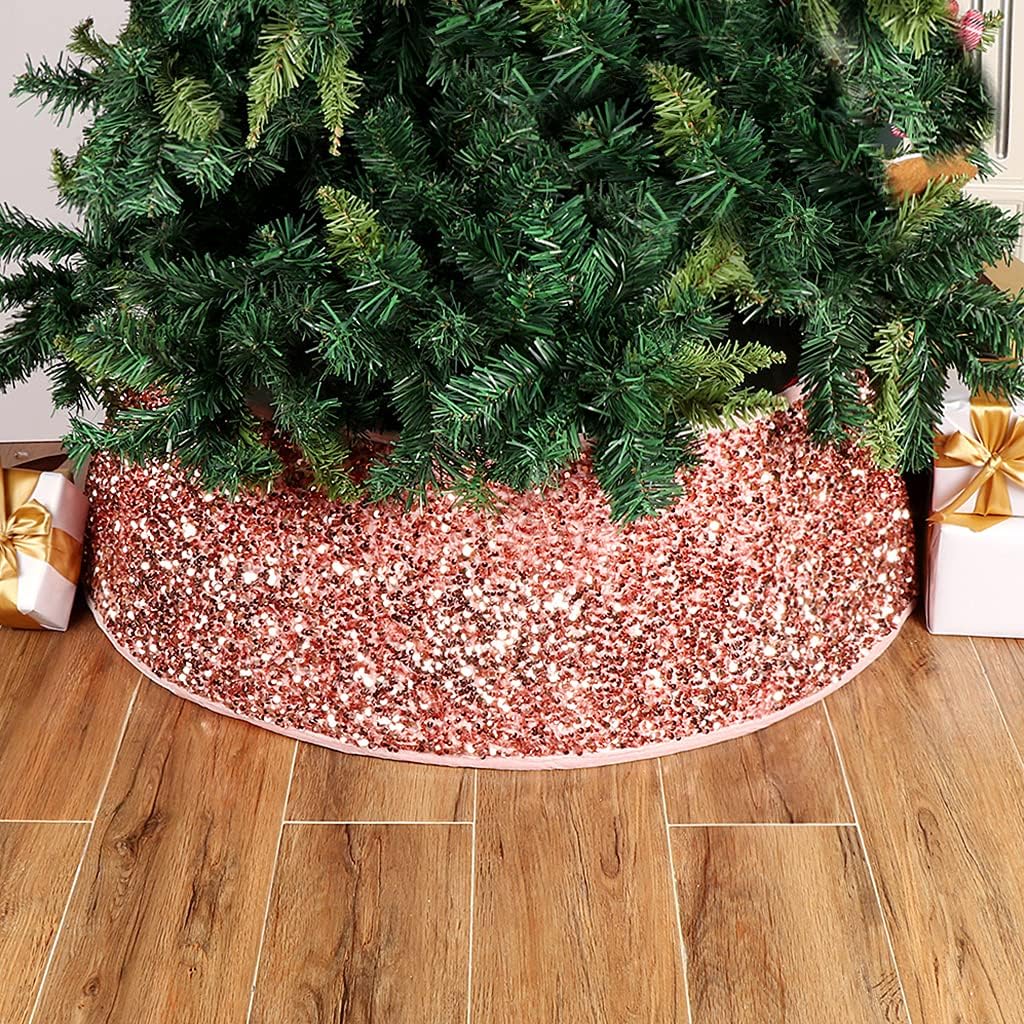 Christmas Tree Skirt, Tree Skirt with Pink Sequins Trees Collar Stand for Merry Christmas Holiday Party Decorations