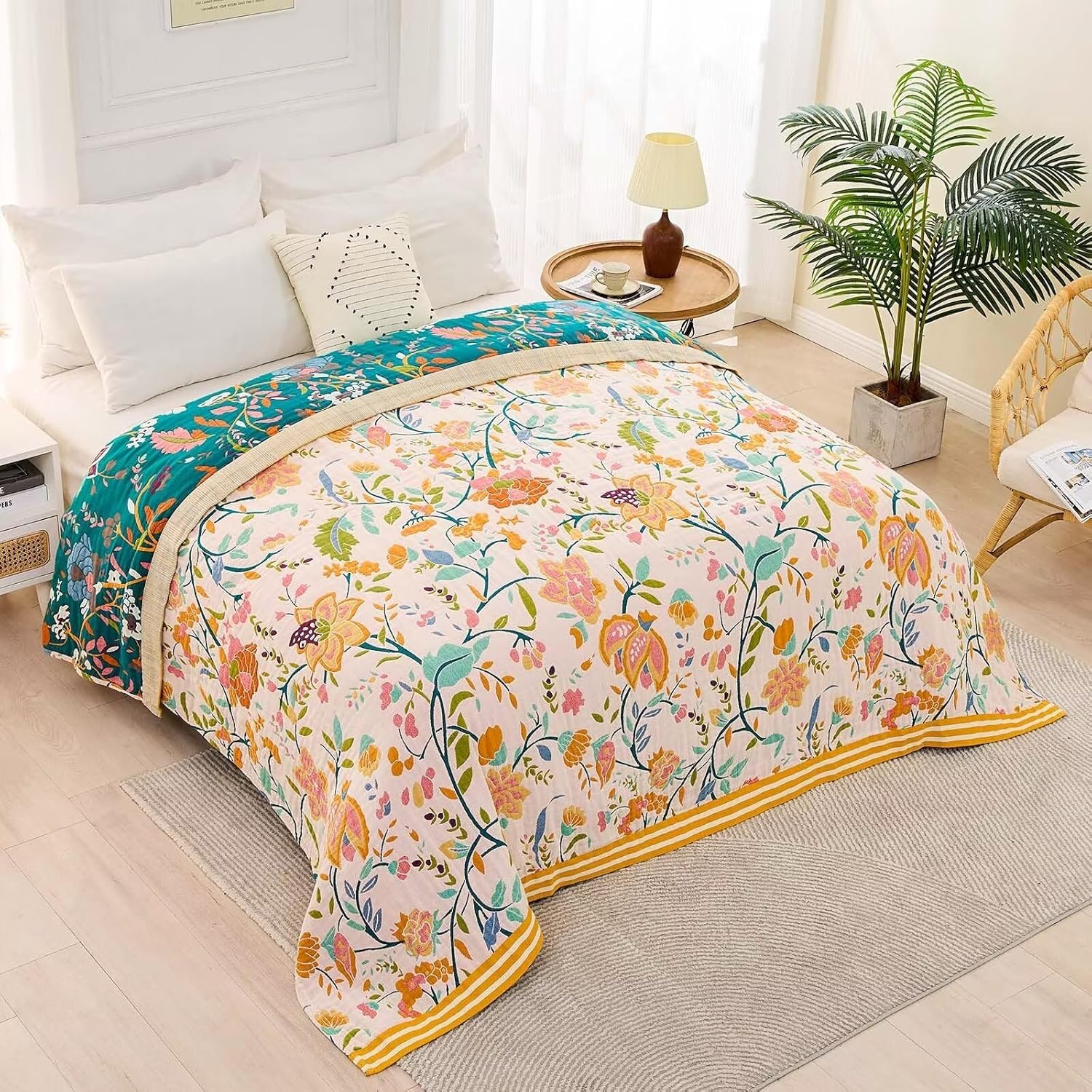 Boho Throw Blanket for Bed, 100% Cotton Soft Rustic Quilt Fall Blanket, 90"x98" Floral Printed Farmhouse Decor Bed Blankets, All Season Rustic Reversible Bohemian Throw Quilt - Image 4