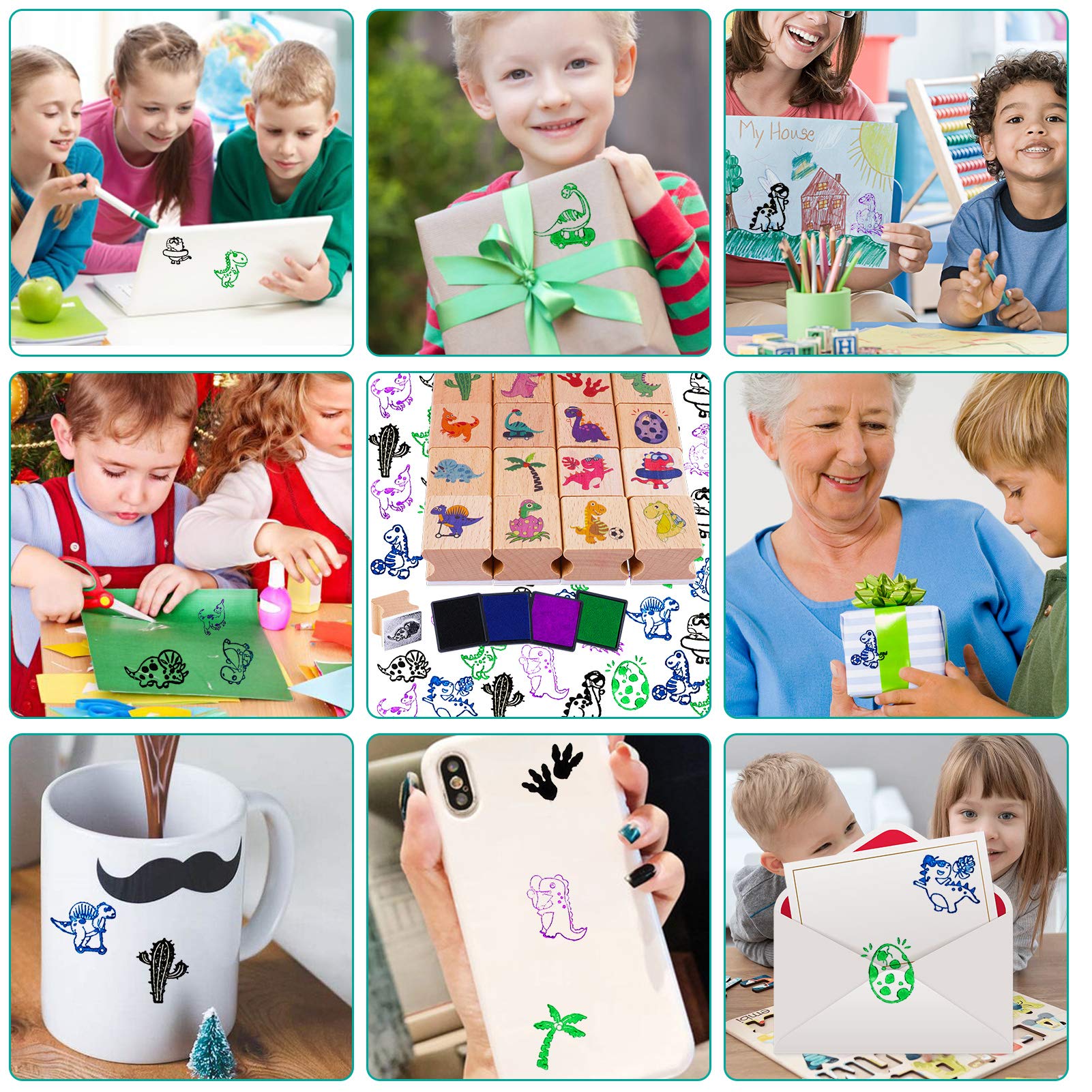 HOWAF 16 Dinosaure Tampons en Bois pour Enfants Gar?on Artisanat avec 4 Encreur, Tampons de Dinosaure pour Gar?on Bricolage Scrapbooking Carte Impression, Dinosaure Bonbonni¨¨res Cadeau Anniversaire
