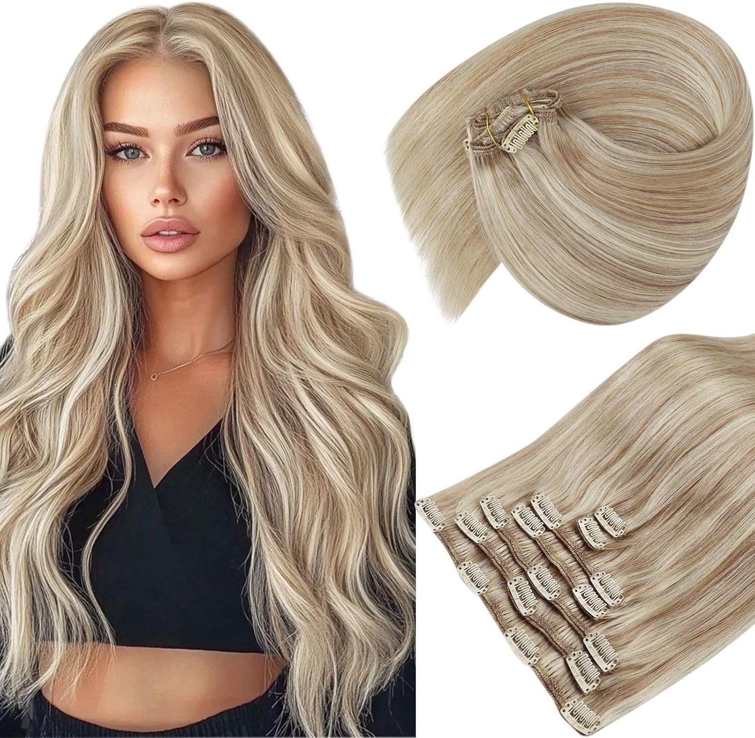 Sunny Hair Clip in Hair Extensions Human Hair Double Weft Real Hair Clip in Extensions Straight Remy Hair Extensions for Women 24inch Warm Ash Blonde Highlights Bleach Blonde