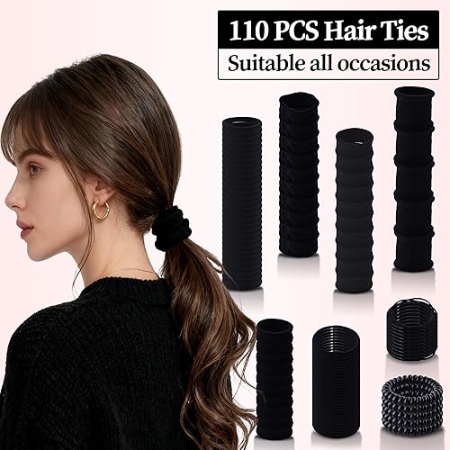 Miniatura 2 de 110PCS Various Styles Black Hair Ties for Women, Elastics Hair Ties No Damage Ponytail Holder for ThickThin Hair Accessories,Soft Cotton Cloth