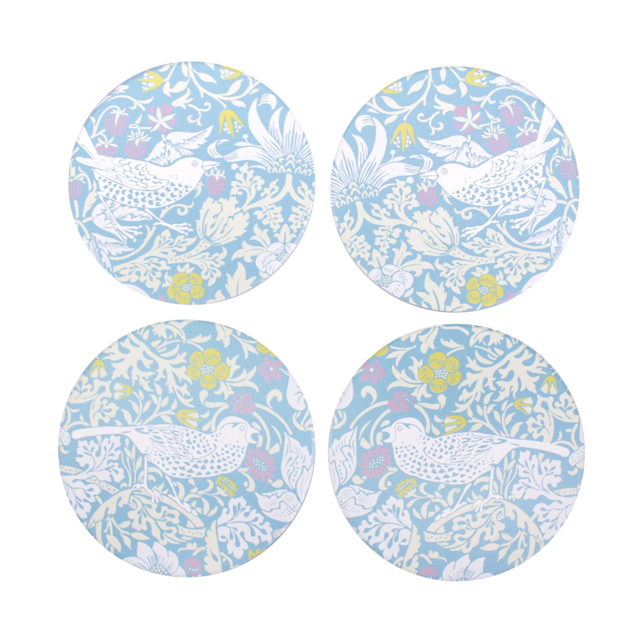 Half Moon Bay Multicolour | William Morris | Strawberry Thief Round Coasters Set Of 4 | Blue Cork Backed Table Mats 11Cm | Arts And Crafts Collection | Elegant Father's Day, Birthday Or Teacher Gift