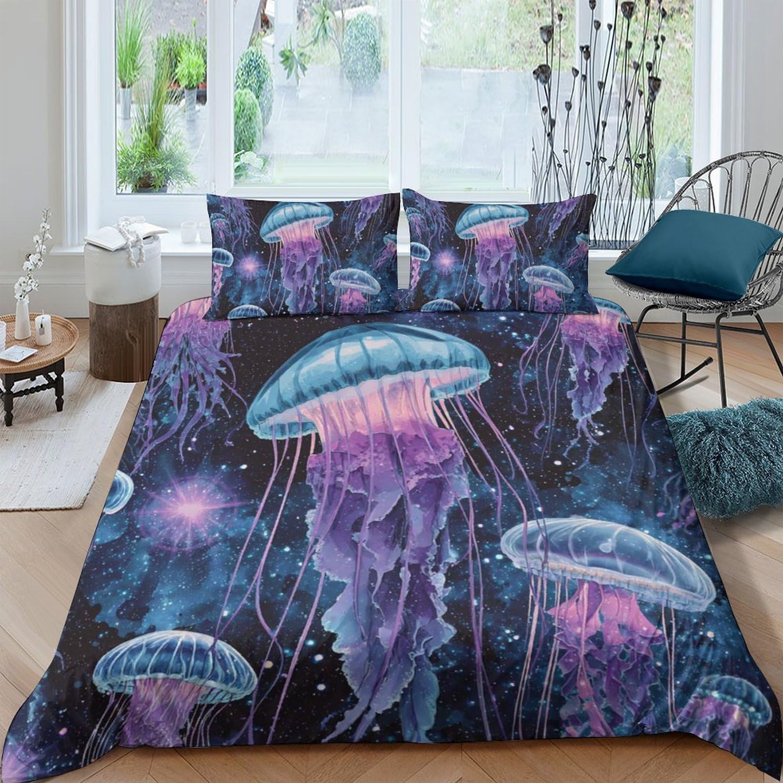 Ctjqhvkz Style-5 3D Printed Jellyfish Ocean Fitted Sheet Microfiber Deep Blue Underwater Mattress Cover For Bedroom Decor Single（135X200cm）