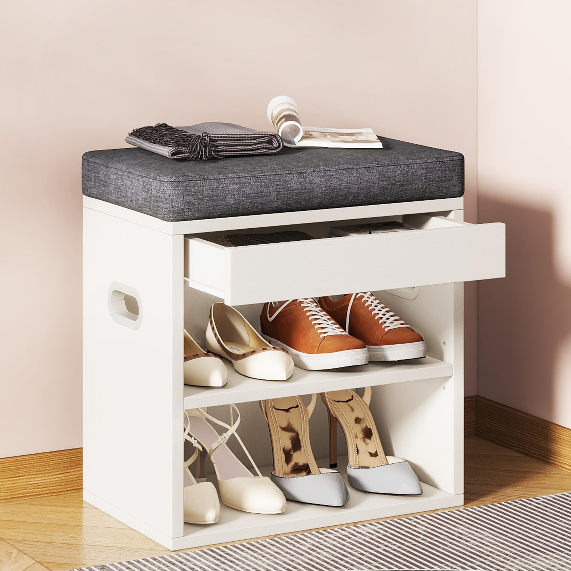 YMYNY Small Shoe Storage Bench with Cushion and Drawer, 2 Tier Adjustable Shoe Bench Storage with Seat, Wooden Shoe Rack Bench for Entryway, Living Room, Hallway, Closet, Bedroom, White, HSC002W