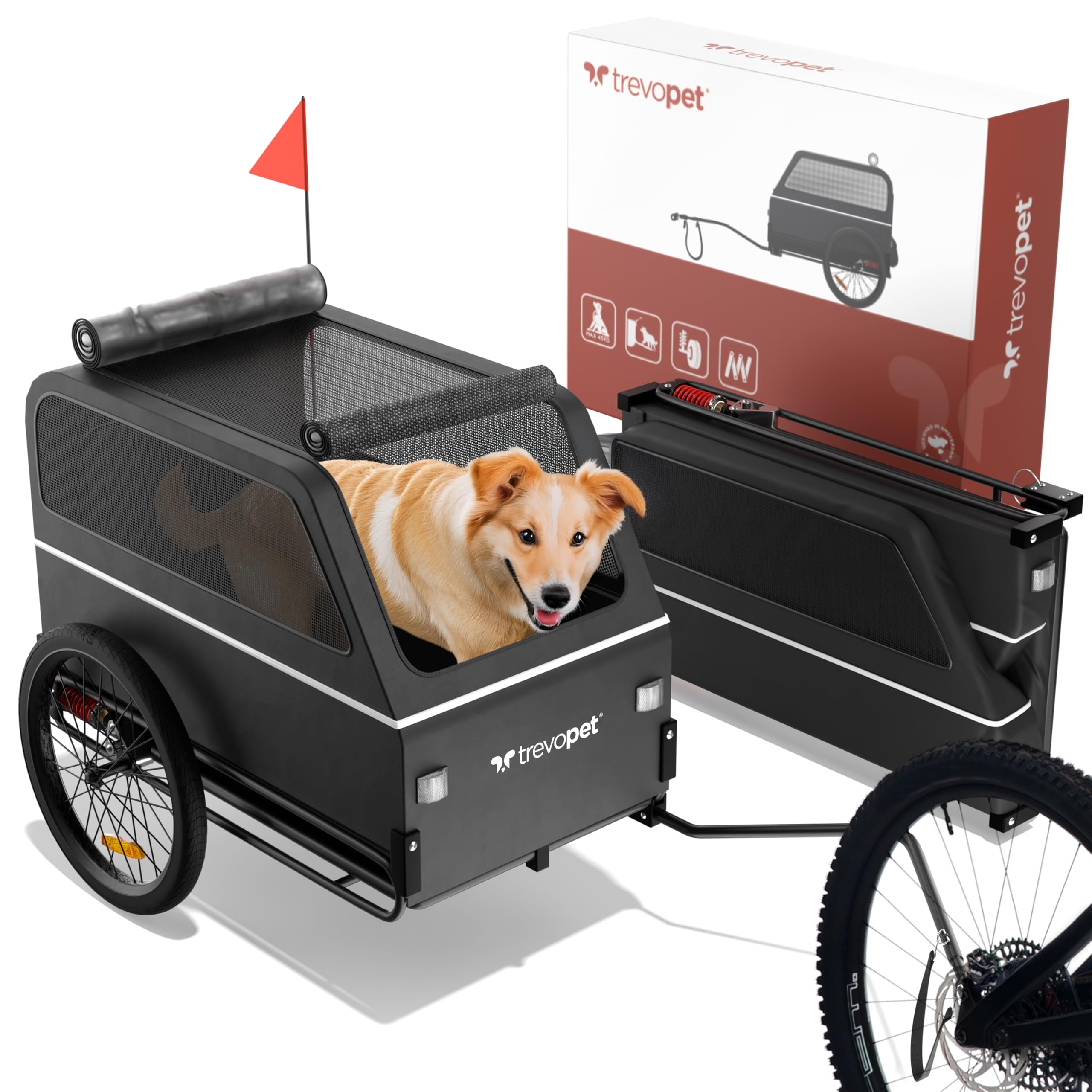Remolque para Perros XL – Carrito Plegable con Rampa, Amortiguación, Enganche y Reflectores – Impermeable – hasta 45 kg – Compatible con Bicicleta Eléctrica