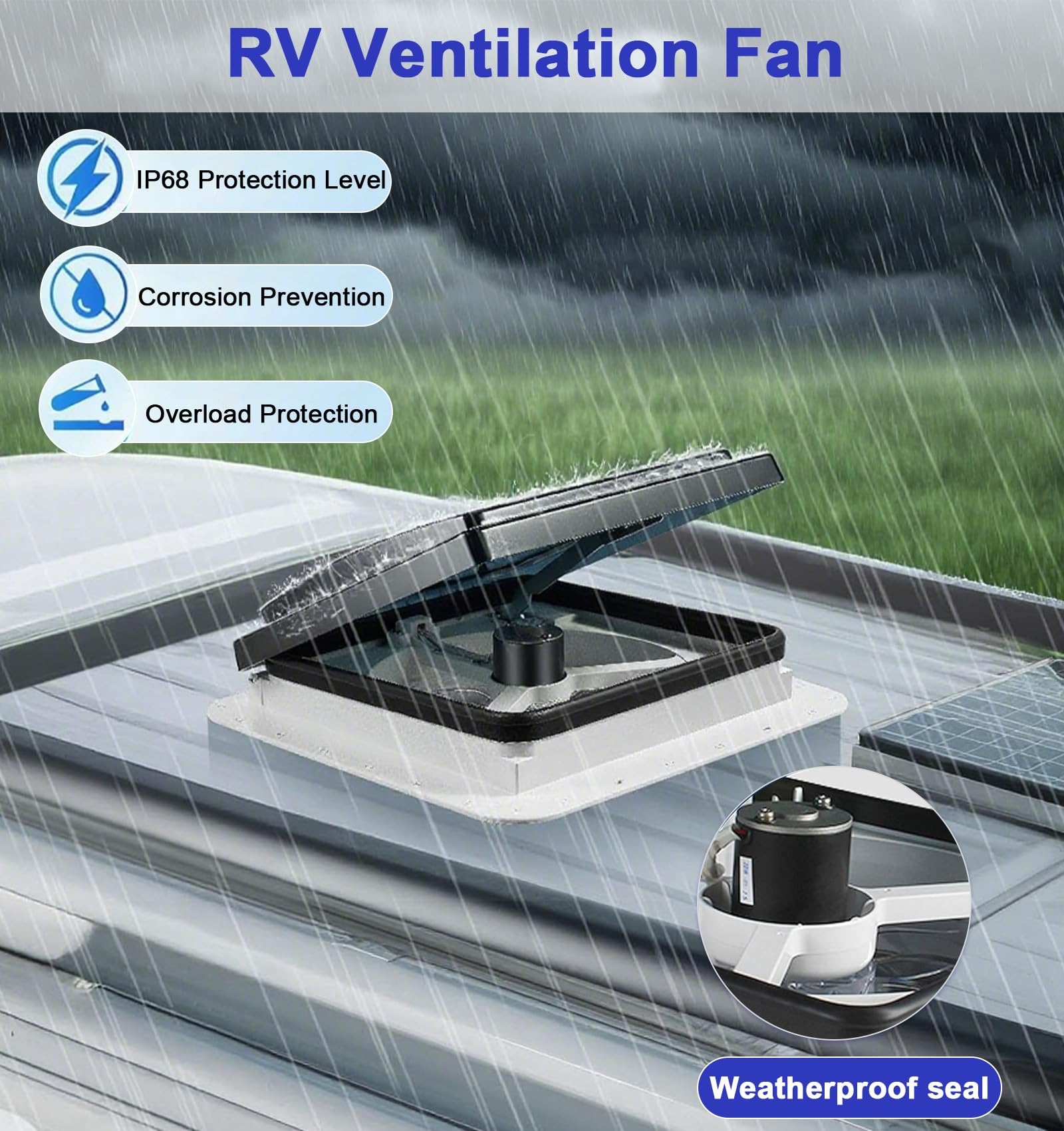 Oblò Tetto Camper con Ventilatore 28×28 / 36×36 cm, Installazione Senza Fori, Ventola ≤65dB, Impermeabile, Basso Consumo, Struttura PP/PC/ASA con LED(36cm/14.17in)