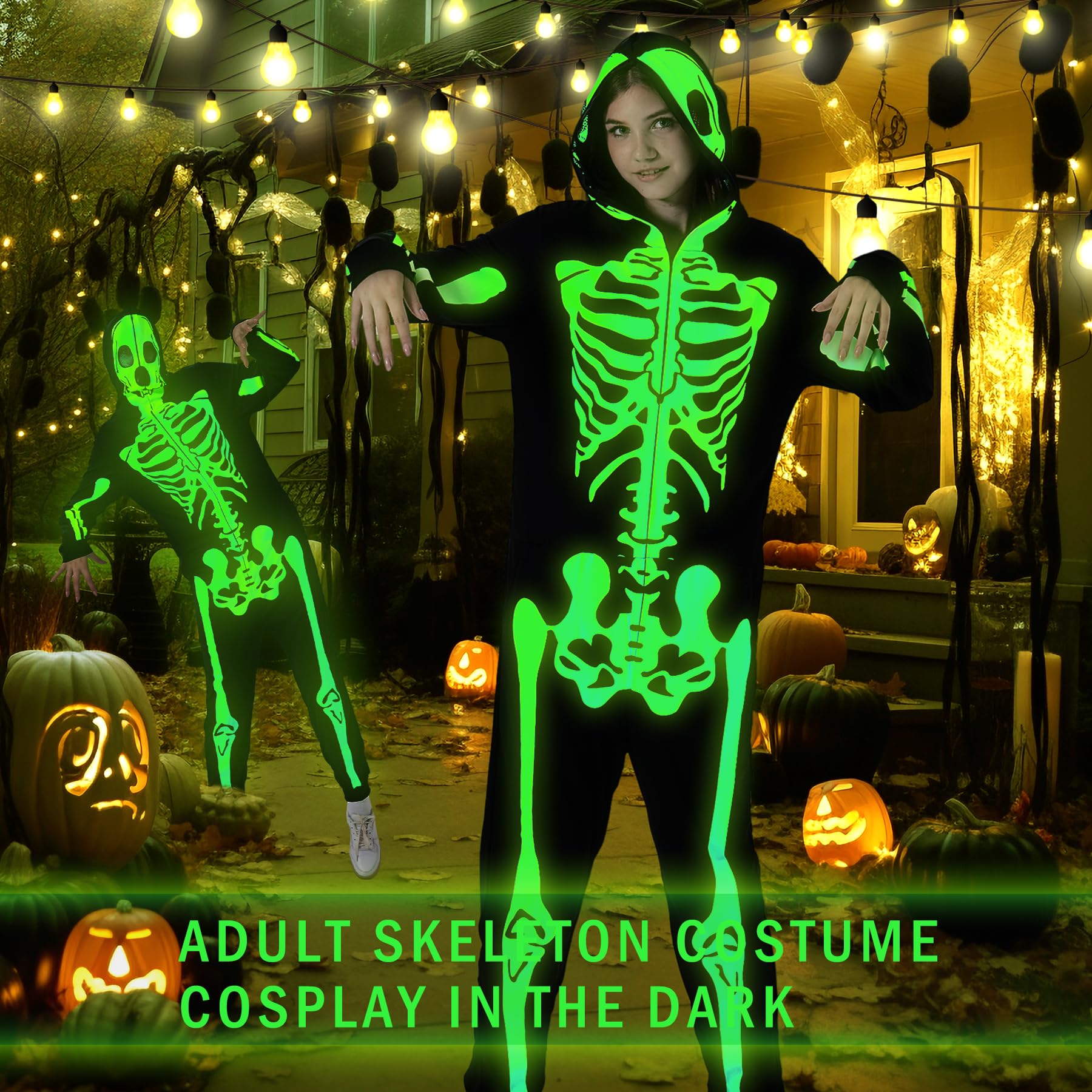 Disfraz unisex de esqueleto para adultos, overol de pijama que brilla en la oscuridad con cremallera y capucha para Halloween