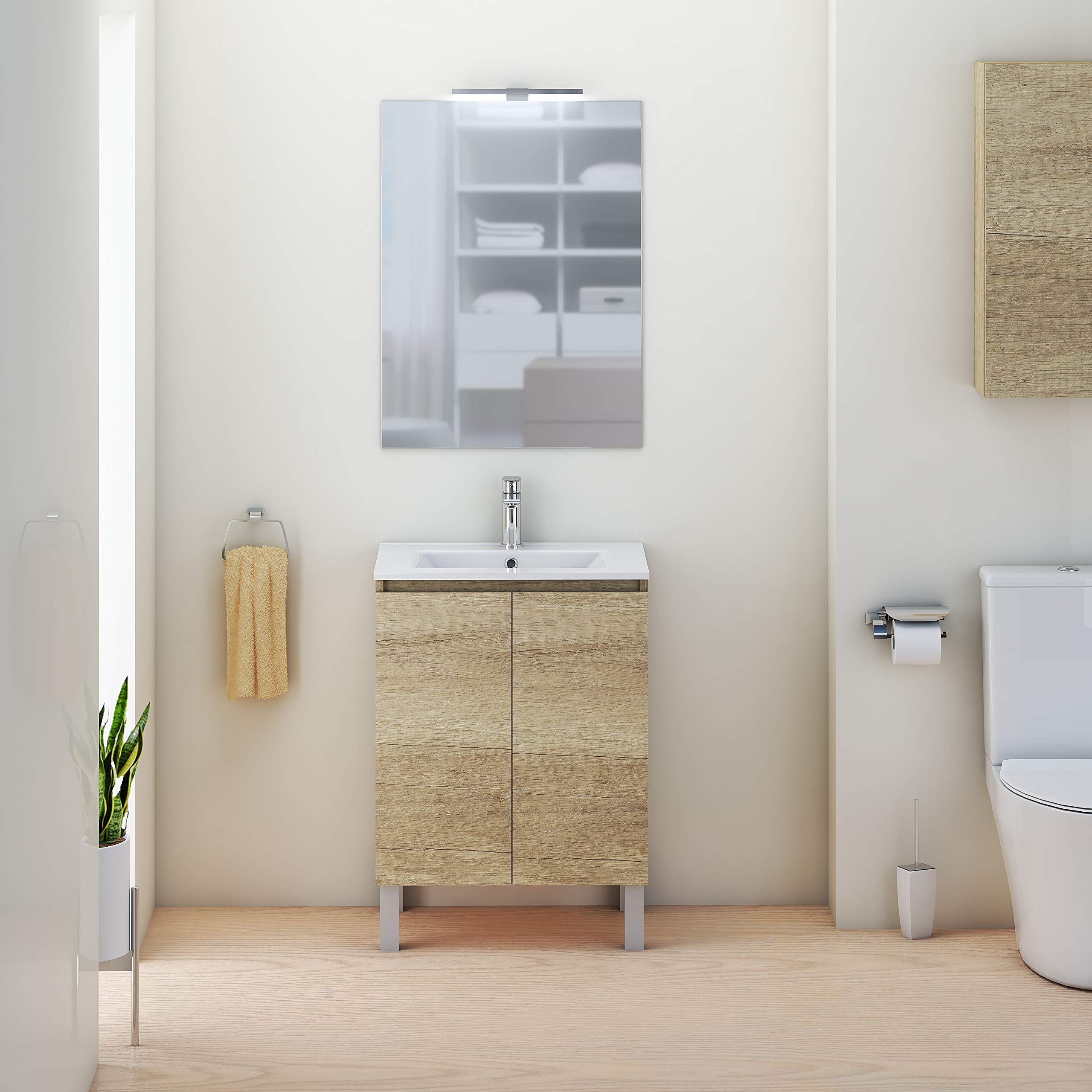 Baikal Conjunto Mueble de Baño con Lavabo y Espejo con Aplique LED con Patas, en Varios Acabados, Melamina 16. 2 Puertas 60 cm Nature