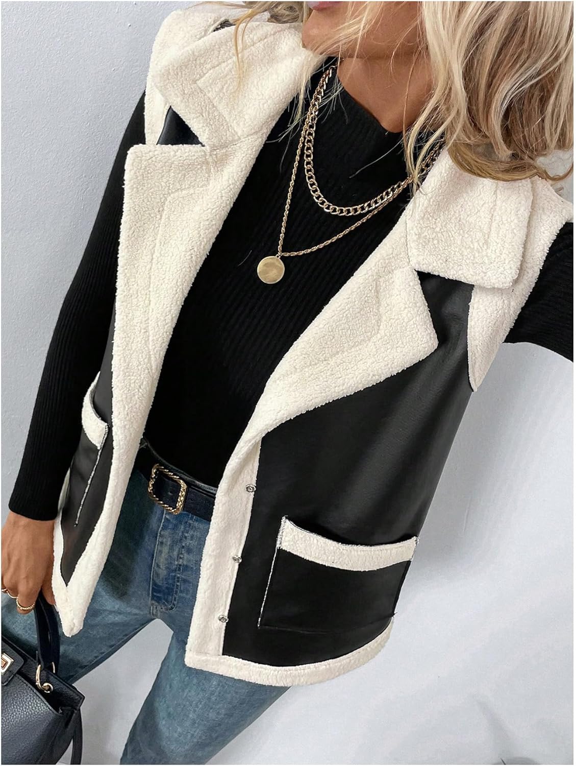 MakeMeChic Women's PU Leather Fuzzy Vest Open Front Sleeveless Pocket Warm Jacket - Image 4