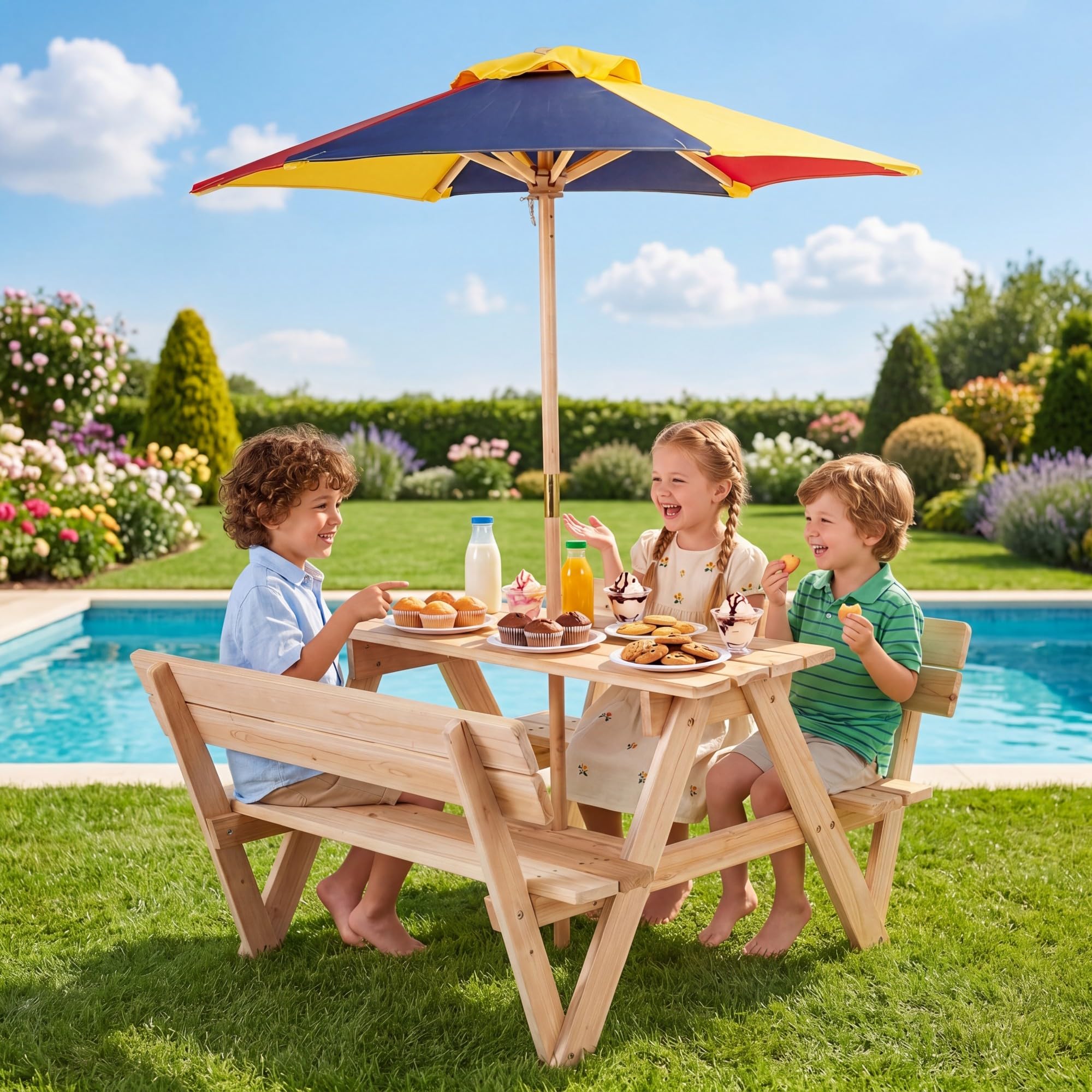 LIFEZEAL Kindersitzgruppe Outdoor, Kinder Picknicktisch-Set mit Sonnenschirm, Sitzgruppe Holz mit Bänke für Kinder ab 3 Jahren, Garten Kindersitzgarnitur für Garten, Hof, Strand