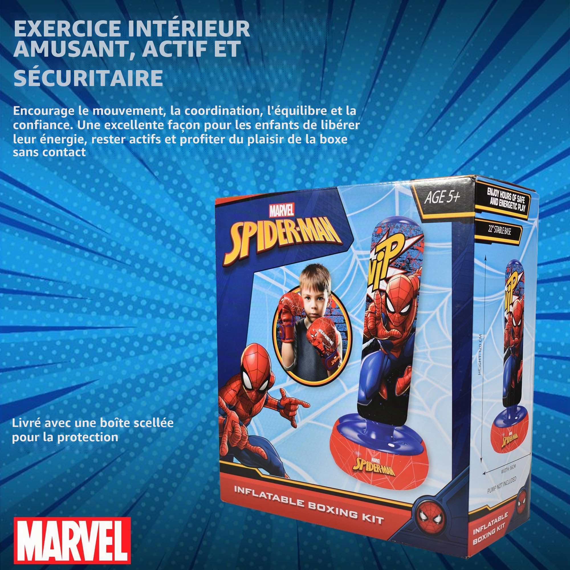 Hy-Pro Sac de Boxe Gonflable Spiderman sous Licence Officielle avec Gants de Boxe – Sac de Boxe sur Pied pour Enfants, Jouets et Cadeaux, 5 Ans et Plus