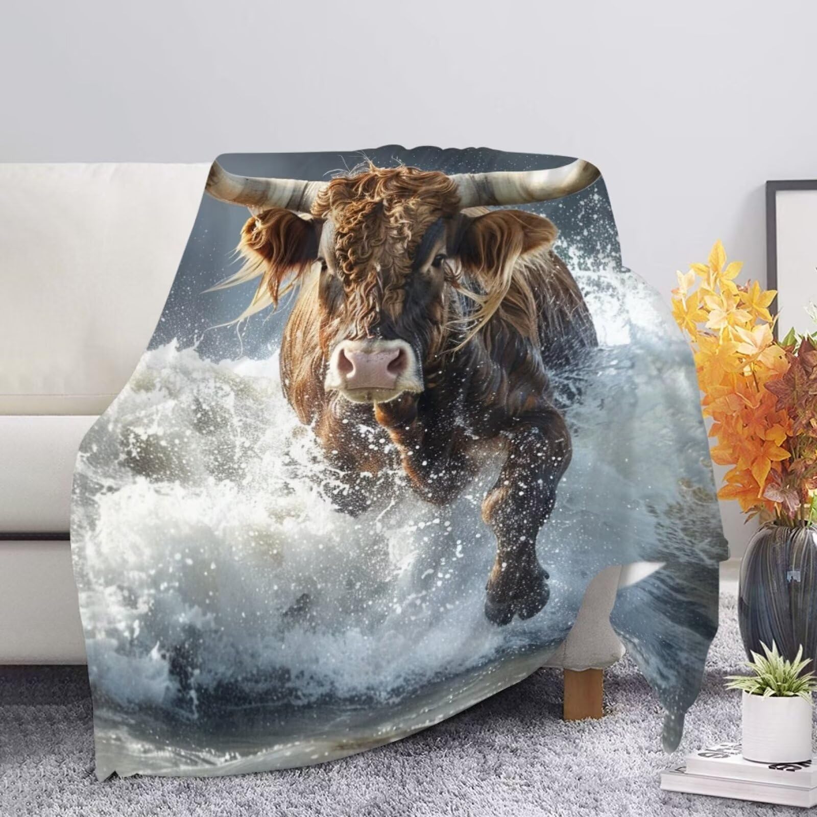 Allcute Stormy Sea Bull Longhorn Throw Blanket for Couch Bed Fluffy Soft Warm Cozy Blankets Living Room Chair Sofa Fall Blanket Small Black Couch Throws