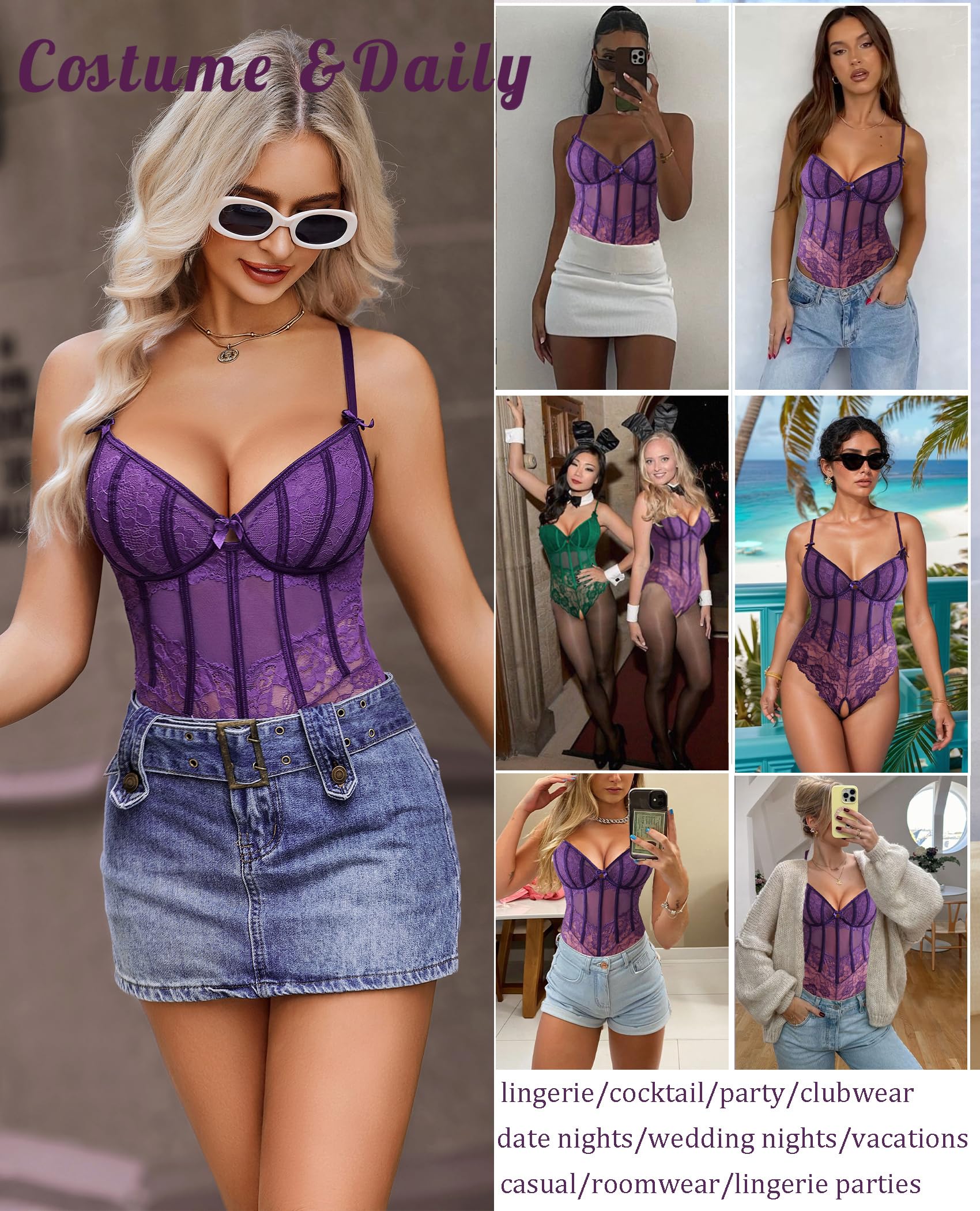 Avidlove Lingerie for Women Lace Bodysuit V Neck Body Suits One Piece Floral Teddy Lingeries Sexy Mesh Top Wireless Babydoll: XX-Large Navy Blue