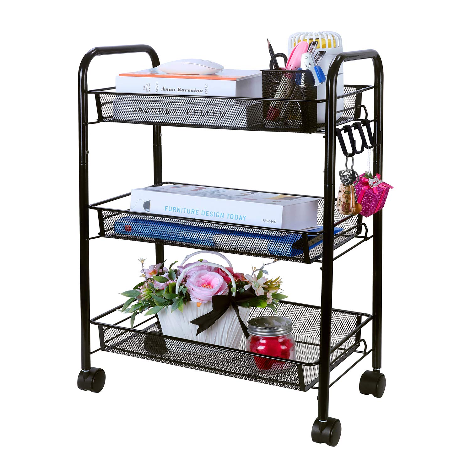 Buy 3 Tier Kitchen Storage Trolley, Rolling Utility Cart on Lockable Wheels Metal Mesh Storage