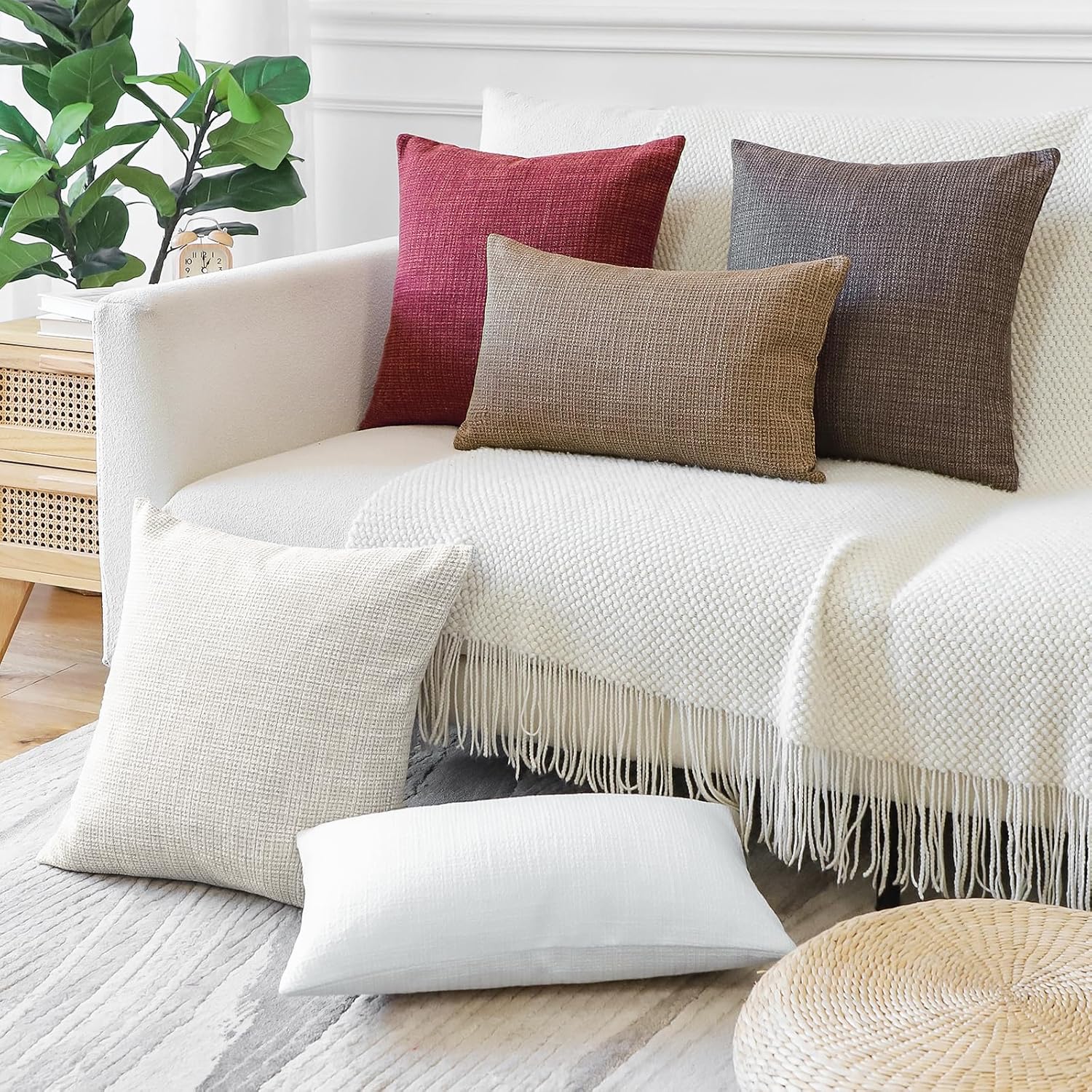 OTOSTAR Pack of 2 Throw Pillow Covers 20x20 Inch Linen White Pillowcases Farmhouse Decorative Solid Pillow Covers 50x50 cm Square Cushion Case for Home Decor Sofa Couch Bed (White) - Image 5