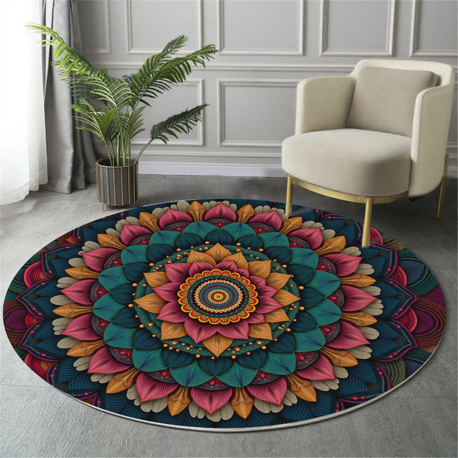 Rond Tapis pour Enfants Chambre, Mysticisme Ethnique Mandala Décoration, Lavable Antidérapant, Salon Doux Pelucheux intérieur Sol Décoration Maison Tapis (Vert foncé, 100cm)