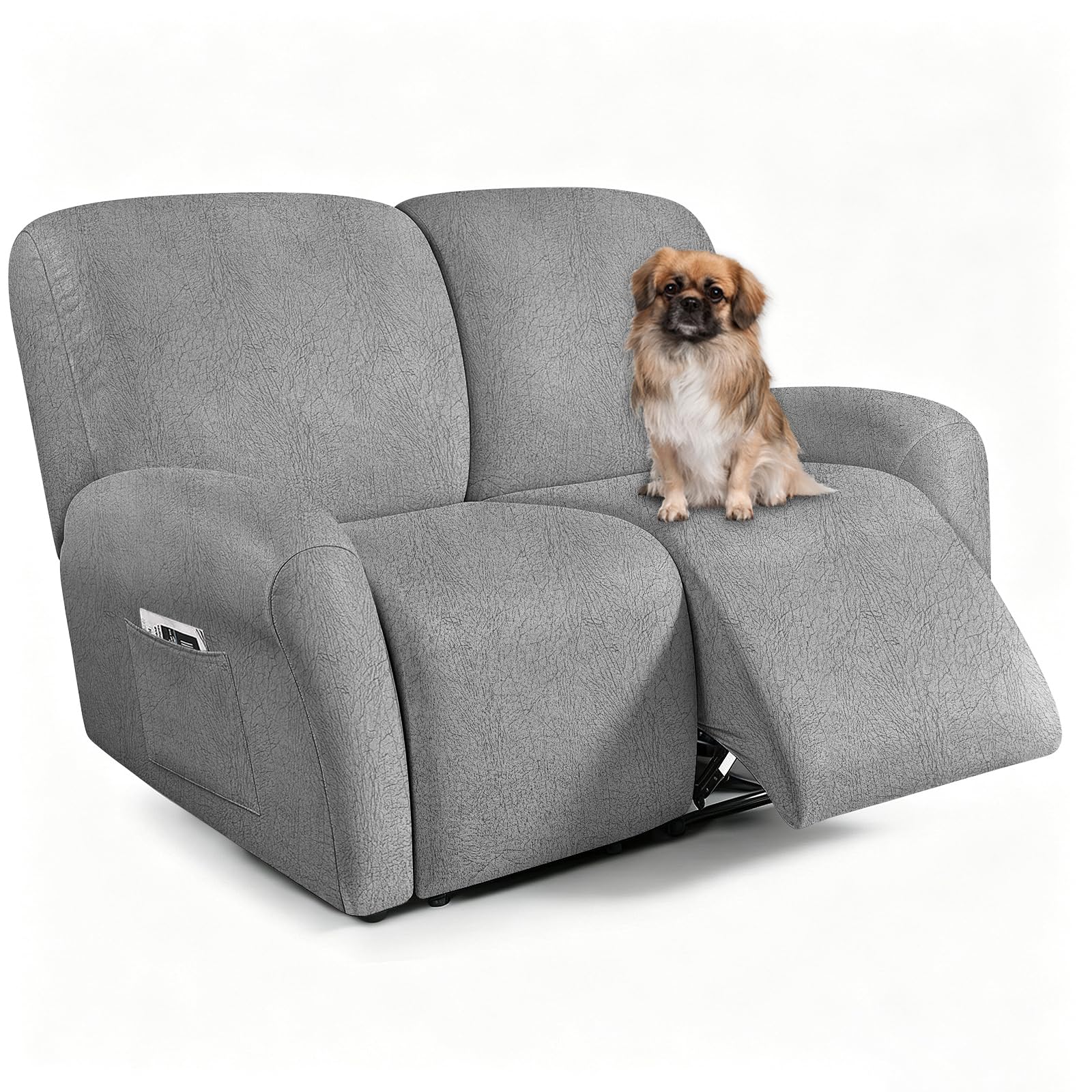ANARACHON Leather Look Loveseat Recliner Covers Stay in Place 6-Piece Recliner Sofa Slipcover 2 Seater Reclining Couch Cover Furniture Protector Washable (Recliner Loveseat,256Light Gray)