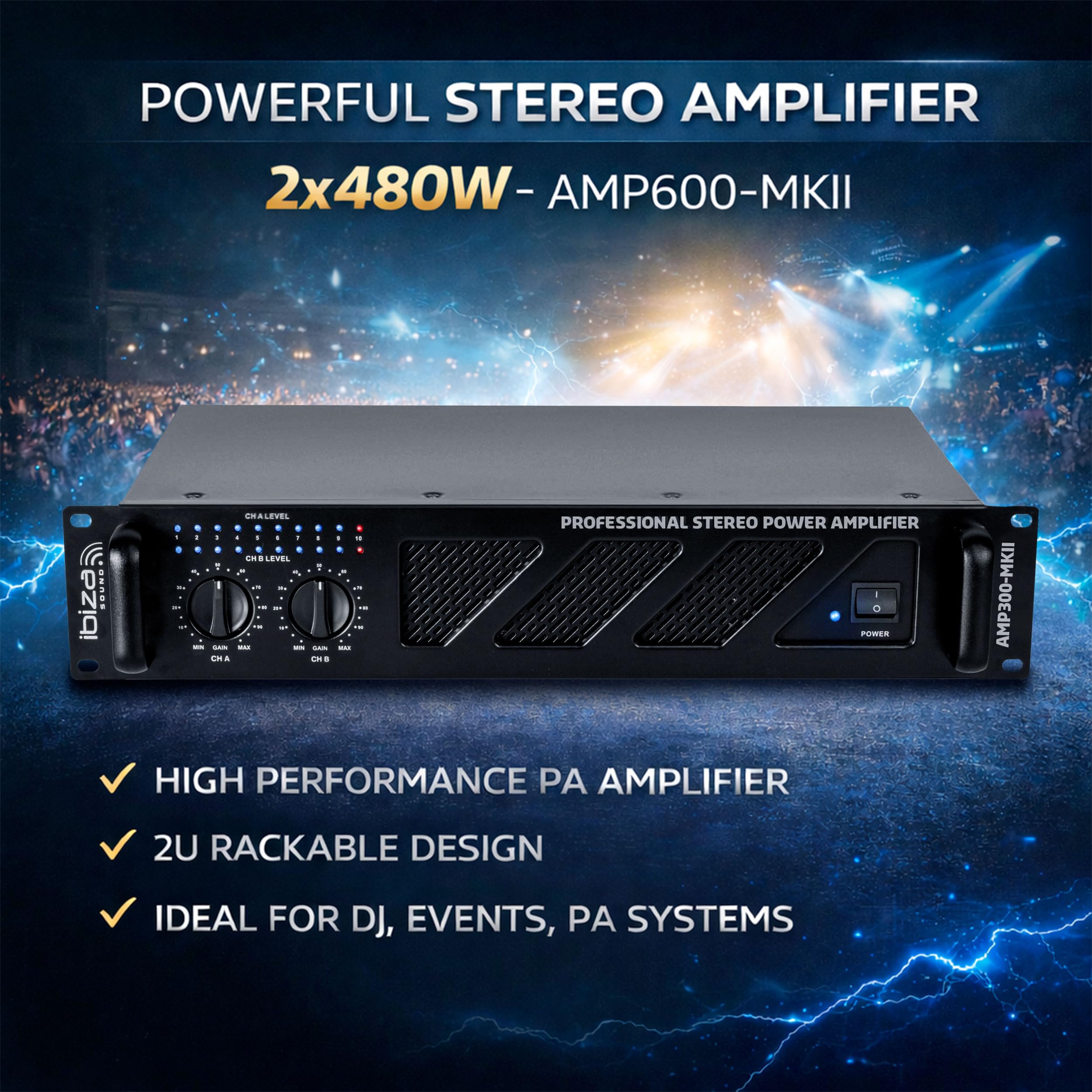 Ibiza AMP300-MKII Amplificador PA profesional 2x240 W – Amplificador de potencia estéreo montable en rack de 19” con entradas RCA/Jack, salidas Speakon/bloque de terminales y protección electrónica