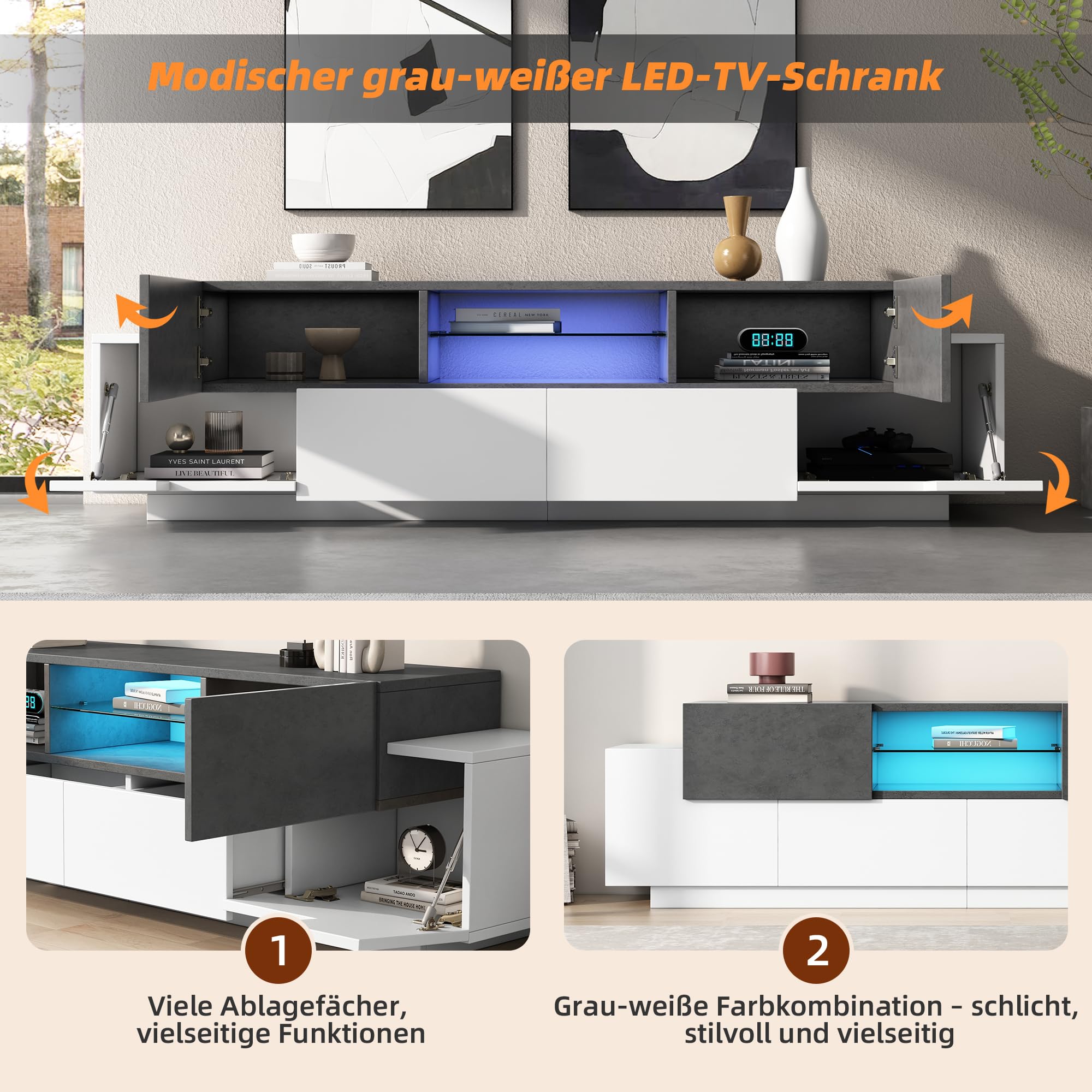 BTM LED TV-Schrank mit Marmoroptik & Glasböden 180x40cm Lowboard für 80-Zoll-TV Gaming Media Center Weiß+Grau, 50kg Tragkraft, App-Steuerung