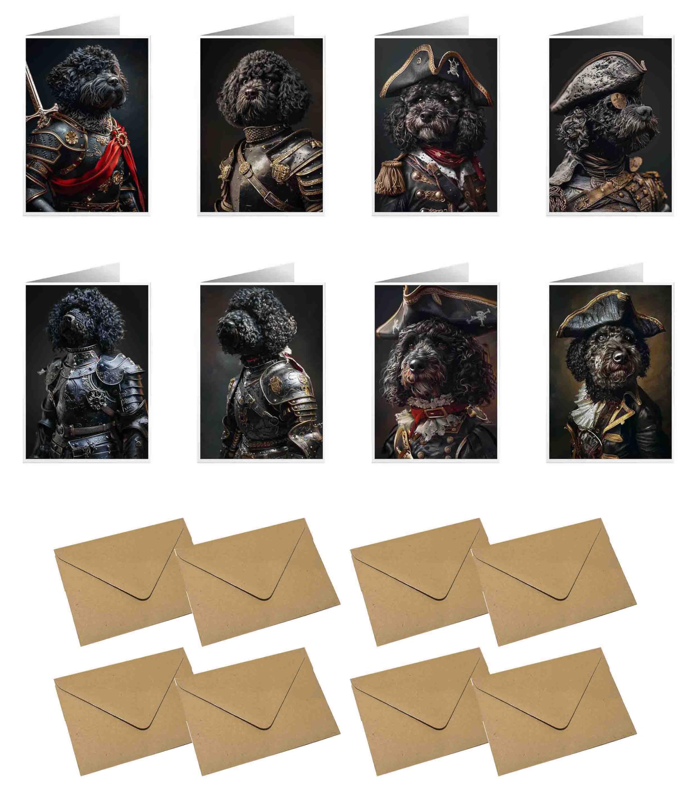 Lot de 8 cartes de vœux vierges amusantes et réalistes pour toutes les occasions et 8 enveloppes, taille 105 x 148,5 mm (chien d'eau portugais, pirate portugais, chevalier, chien d'eau portugais)