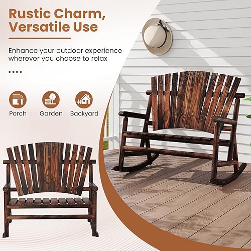 Miniatura 9 de Tangkula Silla mecedora de madera para 2 personas para exteriores, balancín Adirondack con respaldo alto y asiento acanalado, silla mecedora de