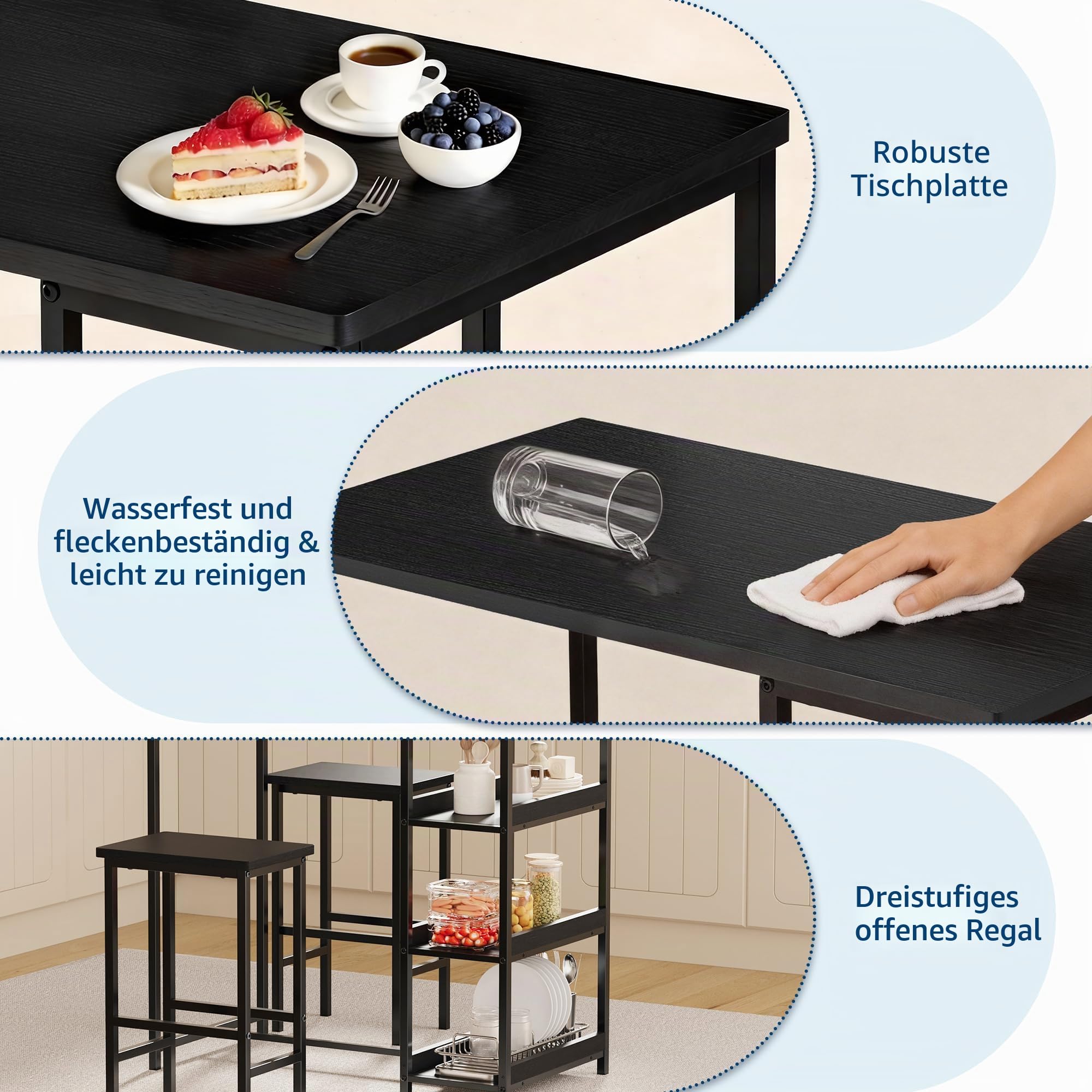 Garvee Bar Tisch Und Stühle Set, Rechteckiger Pub Tisch Mit 2 Hockern Für Kleinen Platz, High Top Tisch, 3-Teilige Frühstück Hocker Set, Robuster Metallrahmen, Einfach Zu Montieren,Schwarz