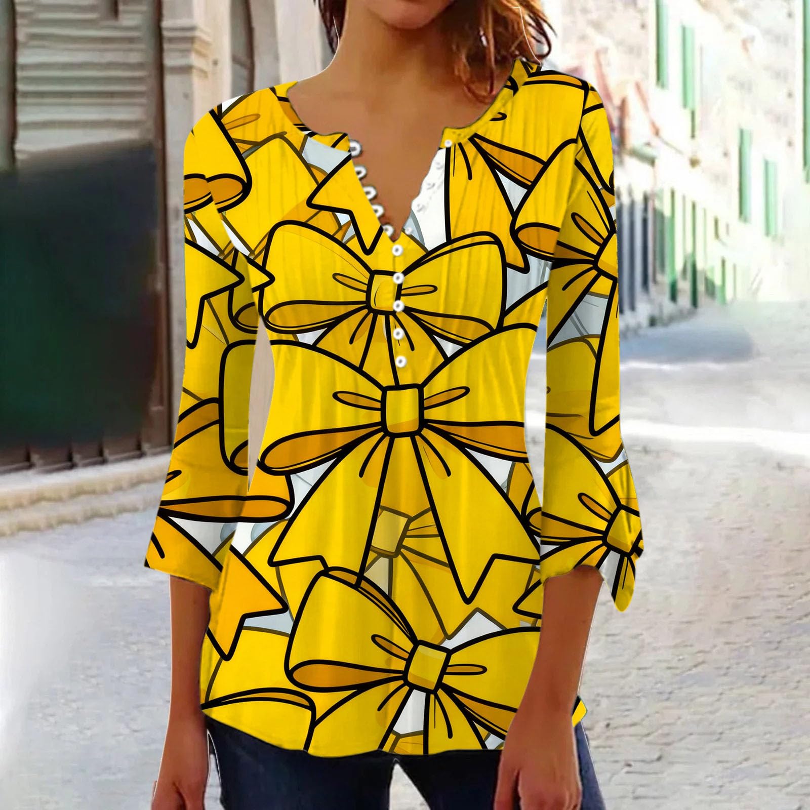Camicetta a tunica da donna con motivo a fiocco, maniche a 3/4, scollo a V, plissettata sul davanti, vestibilità ampia, estiva, vintage, camicia casual