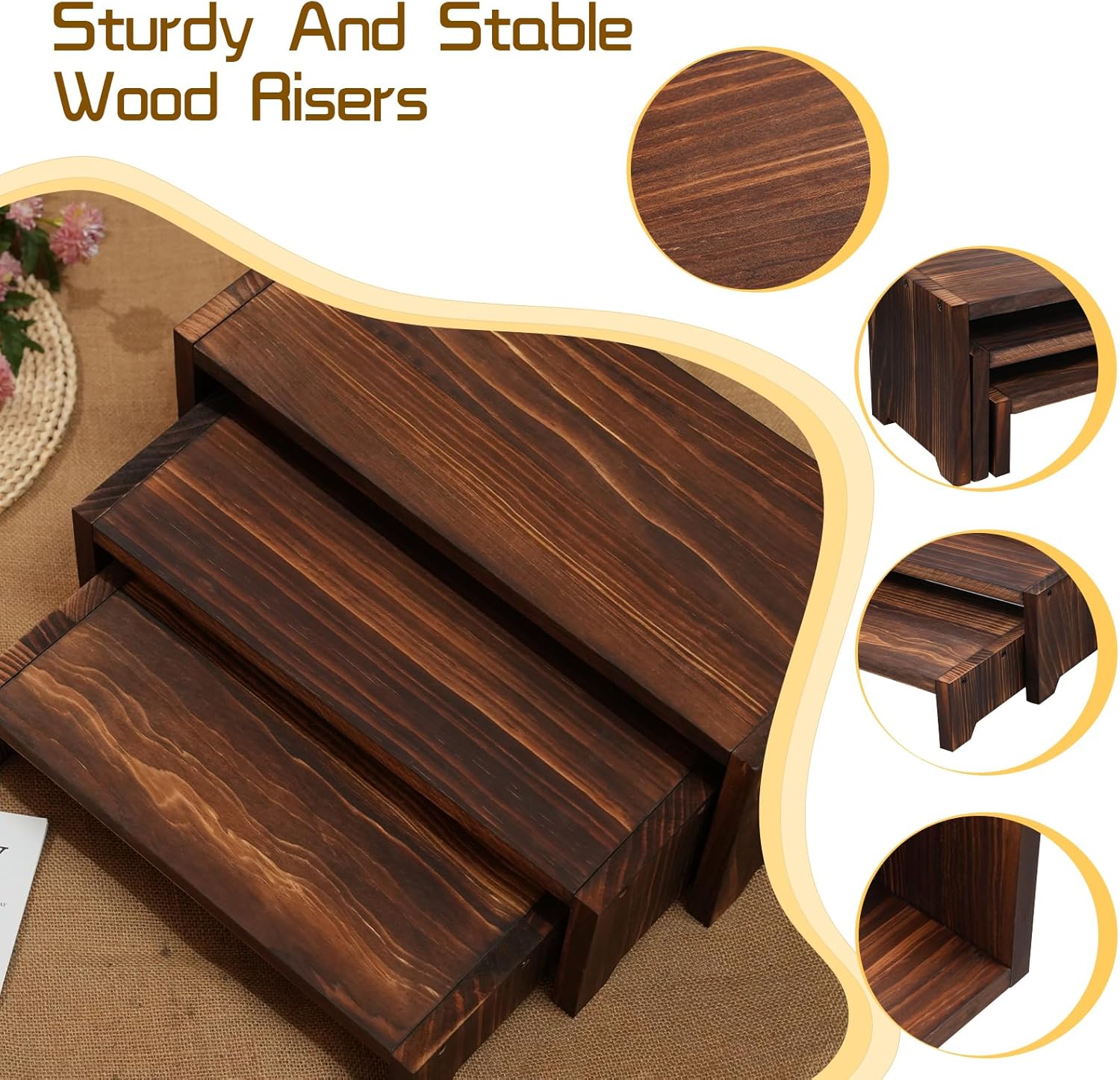 3-Tier Wooden Cupcake Stand & Display Risers, for Food Desserts & More, Sturdy & Reusable - Image 2