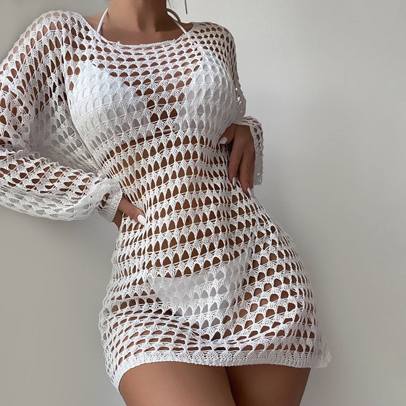 Strandkleid See Through Hollow Out Bikini Cover Ups Tops Women Beachwear Long Sleeve Beach Dress Crop Tops Crochet Swimsuit Cover-Up Strandkleider(White)
