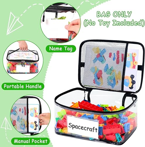 Miniatura 3 de Paquete de 6 bolsas de almacenamiento transparentes para juguetes, con etiqueta de nombre y bolsillo manual, estuche organizador de juguetes de PVC