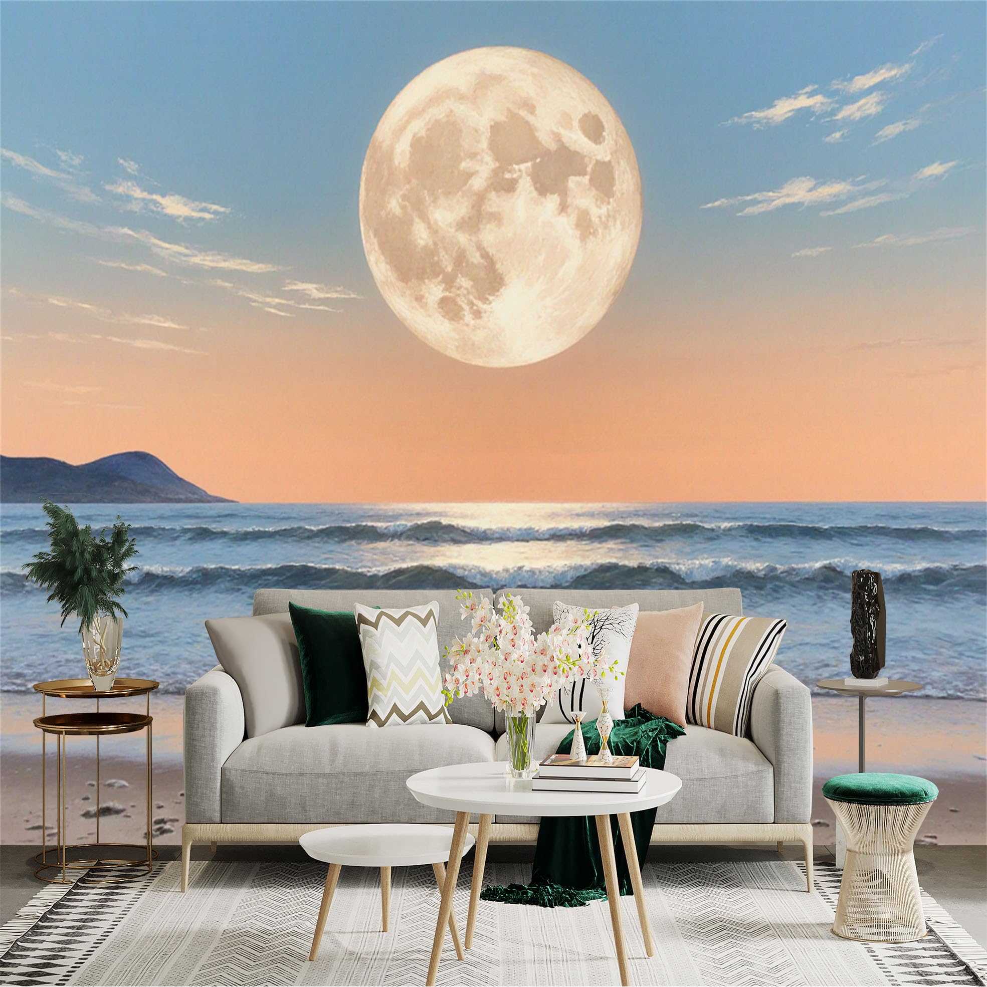 Lnzczhyre Xc260505056 Custom Size Wall Sticker Mural， Giant Full Moon Over Peaceful Ocean Waves， Twilight Beach Scenery， For Wall Decoration， Peelandstick Wall Decals.