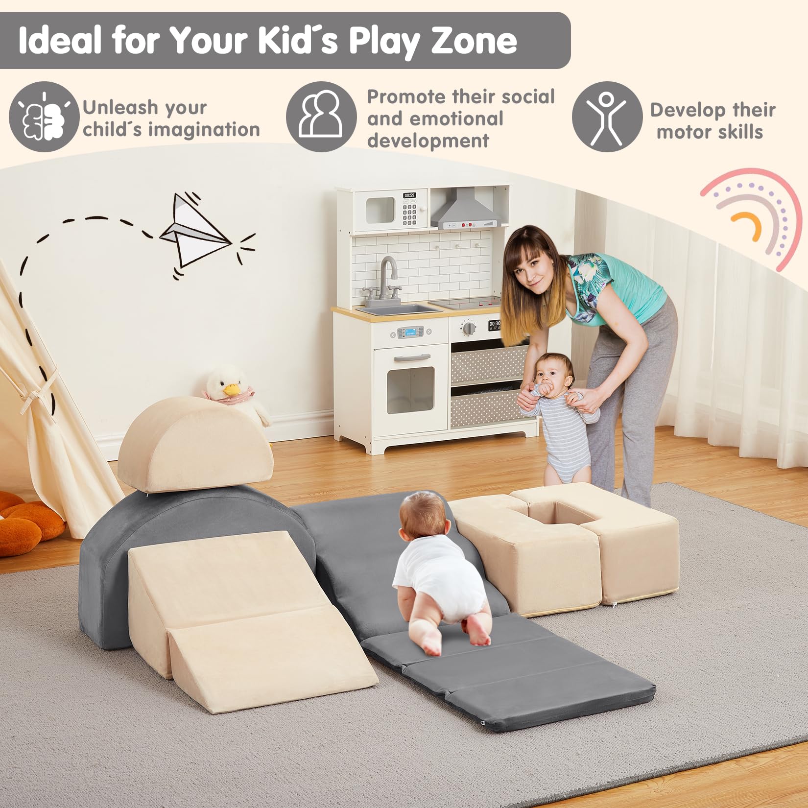 Garvee Juego educativo de 7 bloques de espuma para escalar y gatear - Incluye rampa extendida, túnel y tobogán - Funda de terciopelo lavable, base antideslizante - Ideal para bebés y niños pequeños en